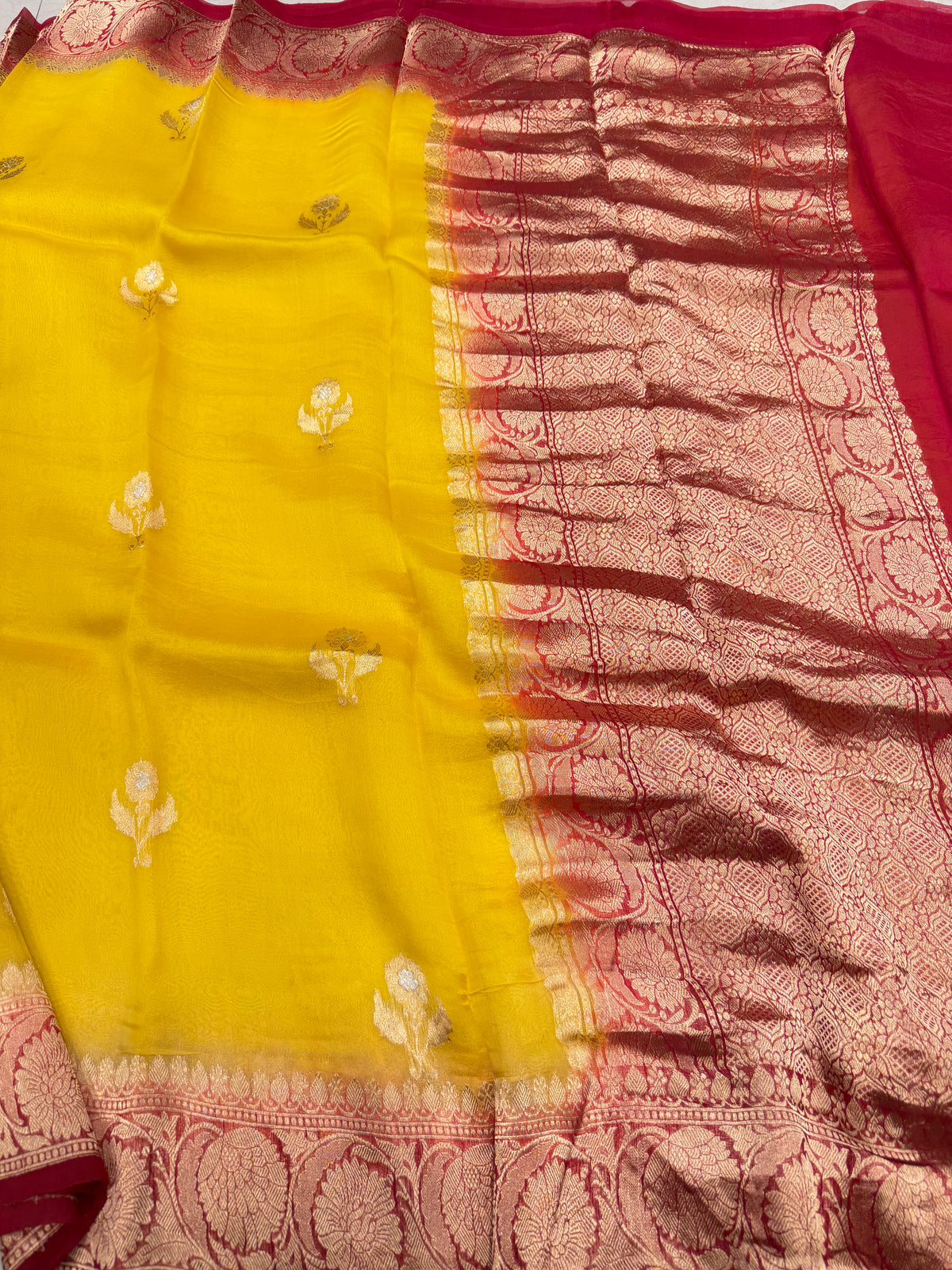 Yellow Red Buttas Handloom Banarasi Kora Silk Saree