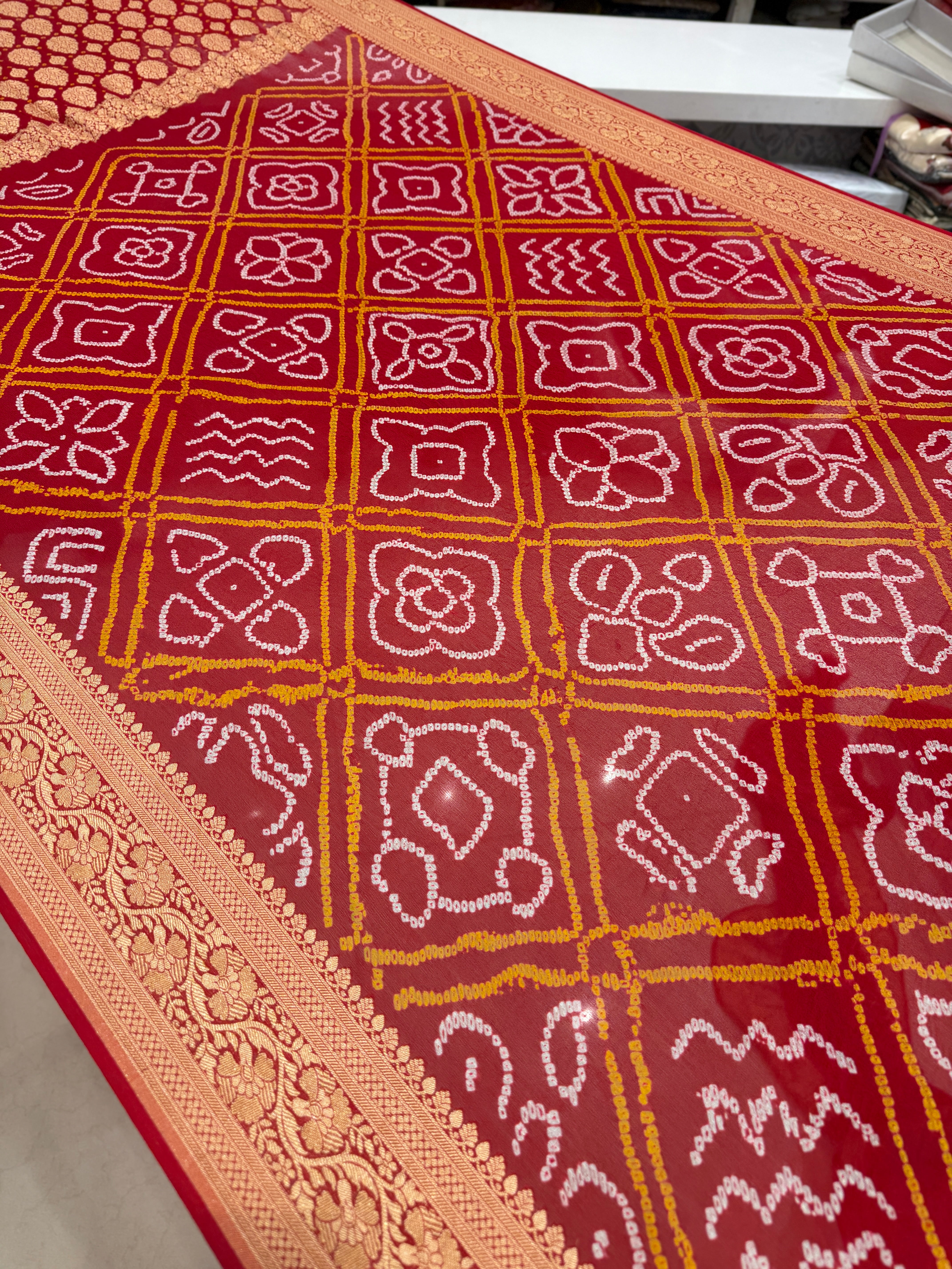 Red Rai Bandhej Bavan Bhat Georgette Saree Banarasi