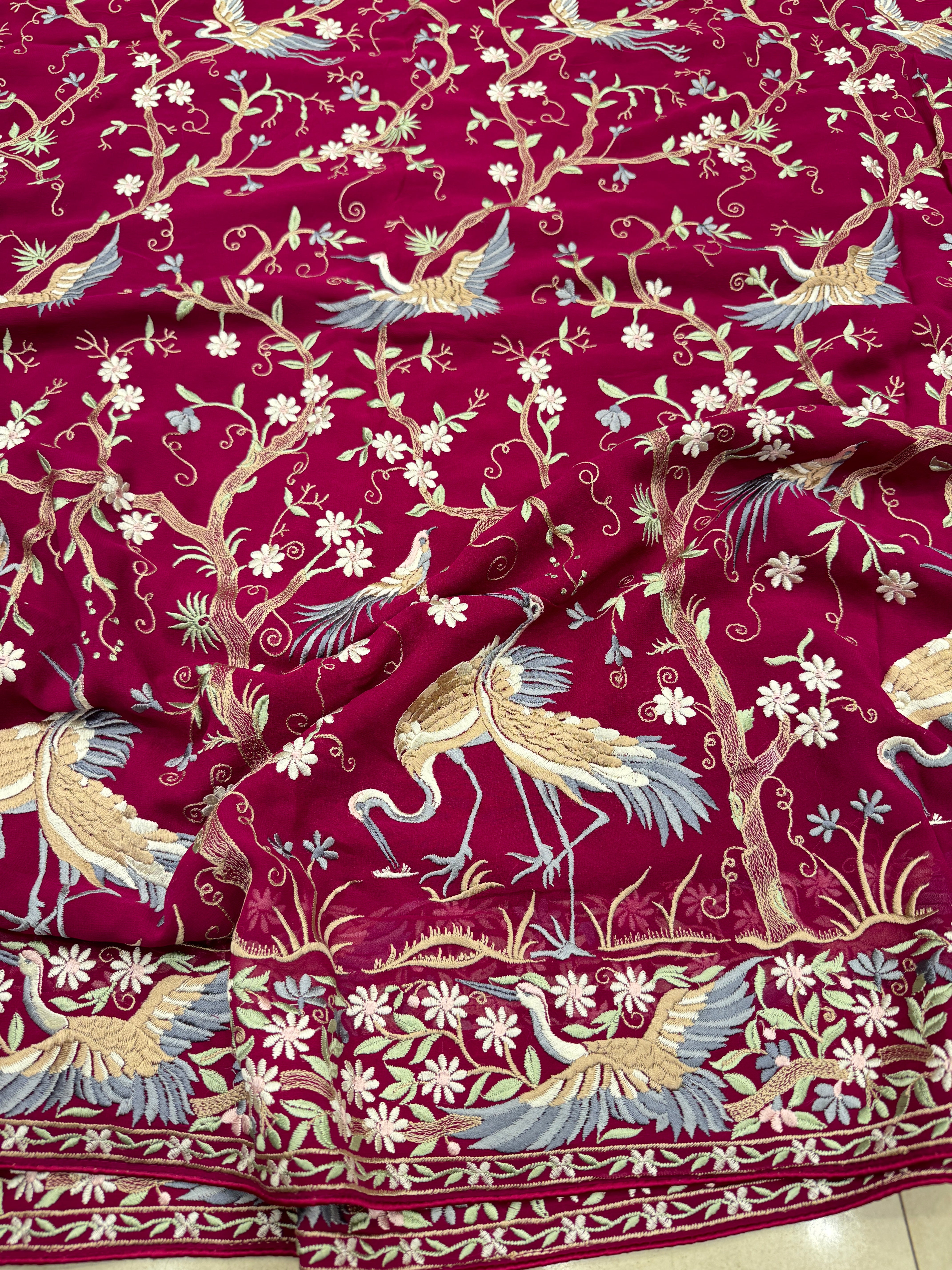 Cross Wine Tree Of Life Flamingo Parsi Gara Saree
