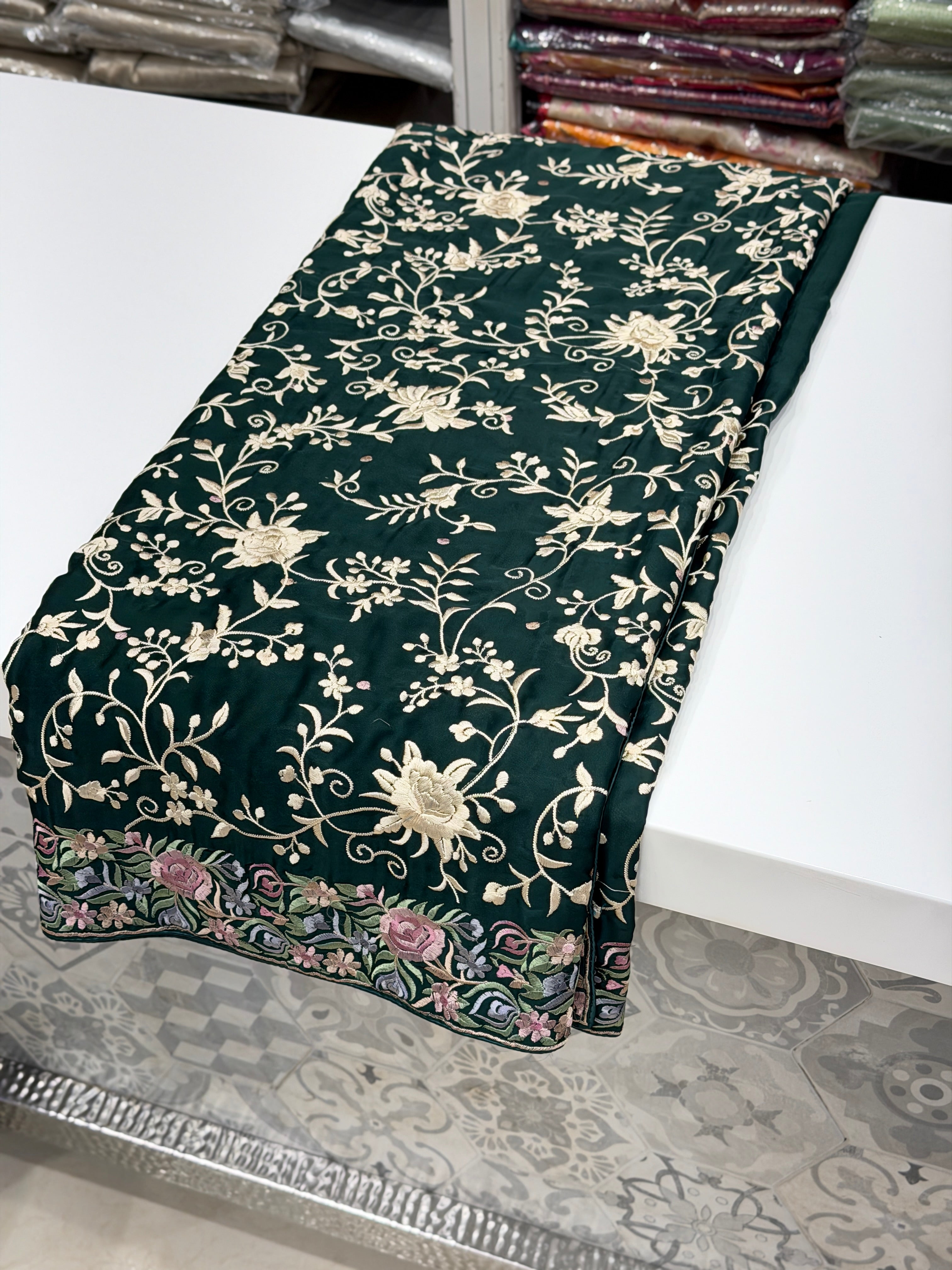 Bottle Green Crepe Floral Multi Resham Border Parsi Gara Saree