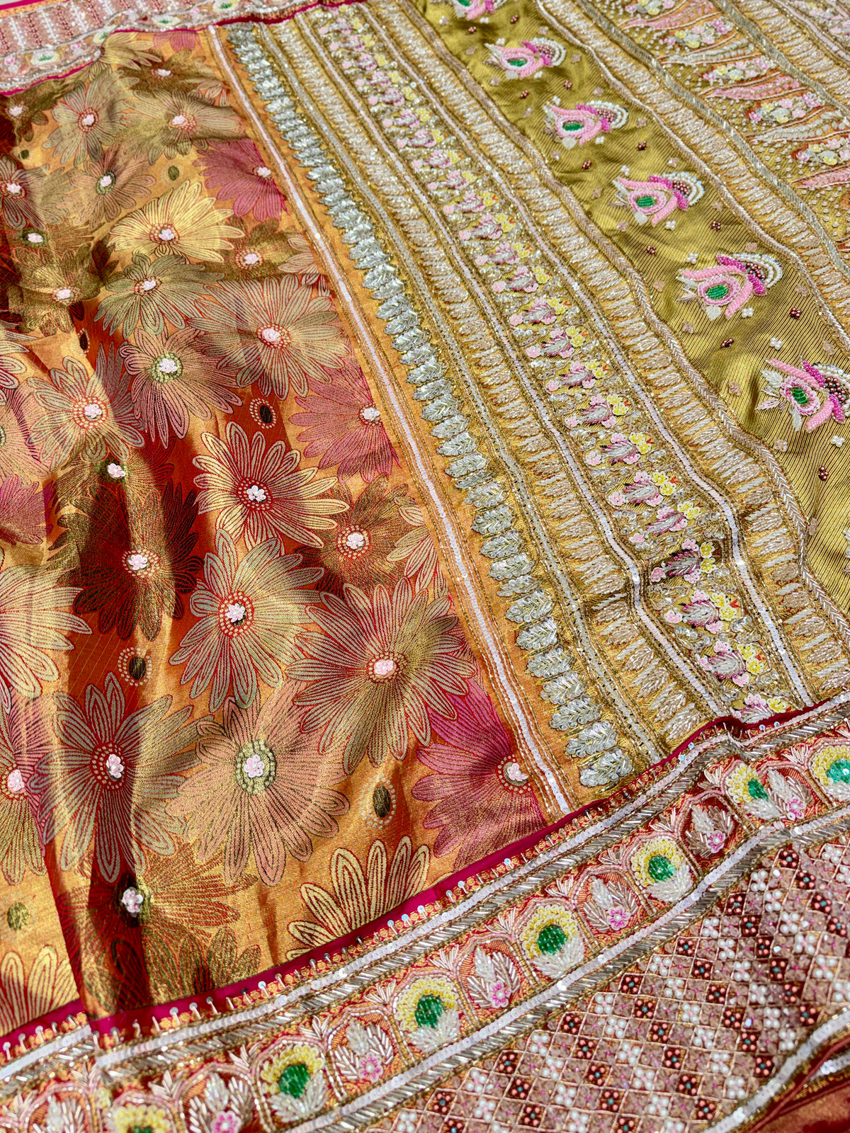 Red Floral Contrast Meenakari Tissue Kanjivaram Zardosi Hand Embroidery Saree