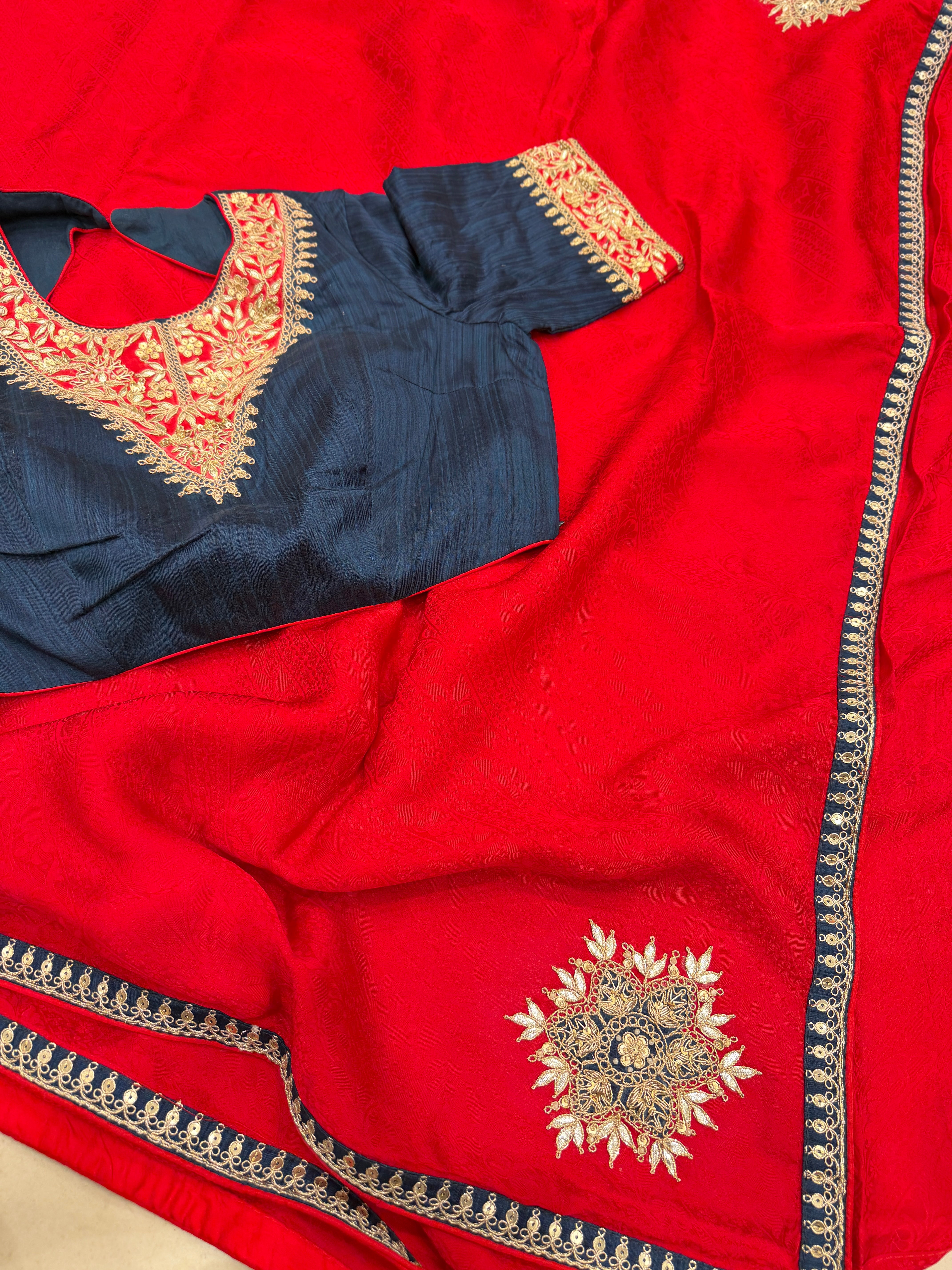 Red Jaquard Crepe Saree with Gotapatti Marodi Stitched Blouse