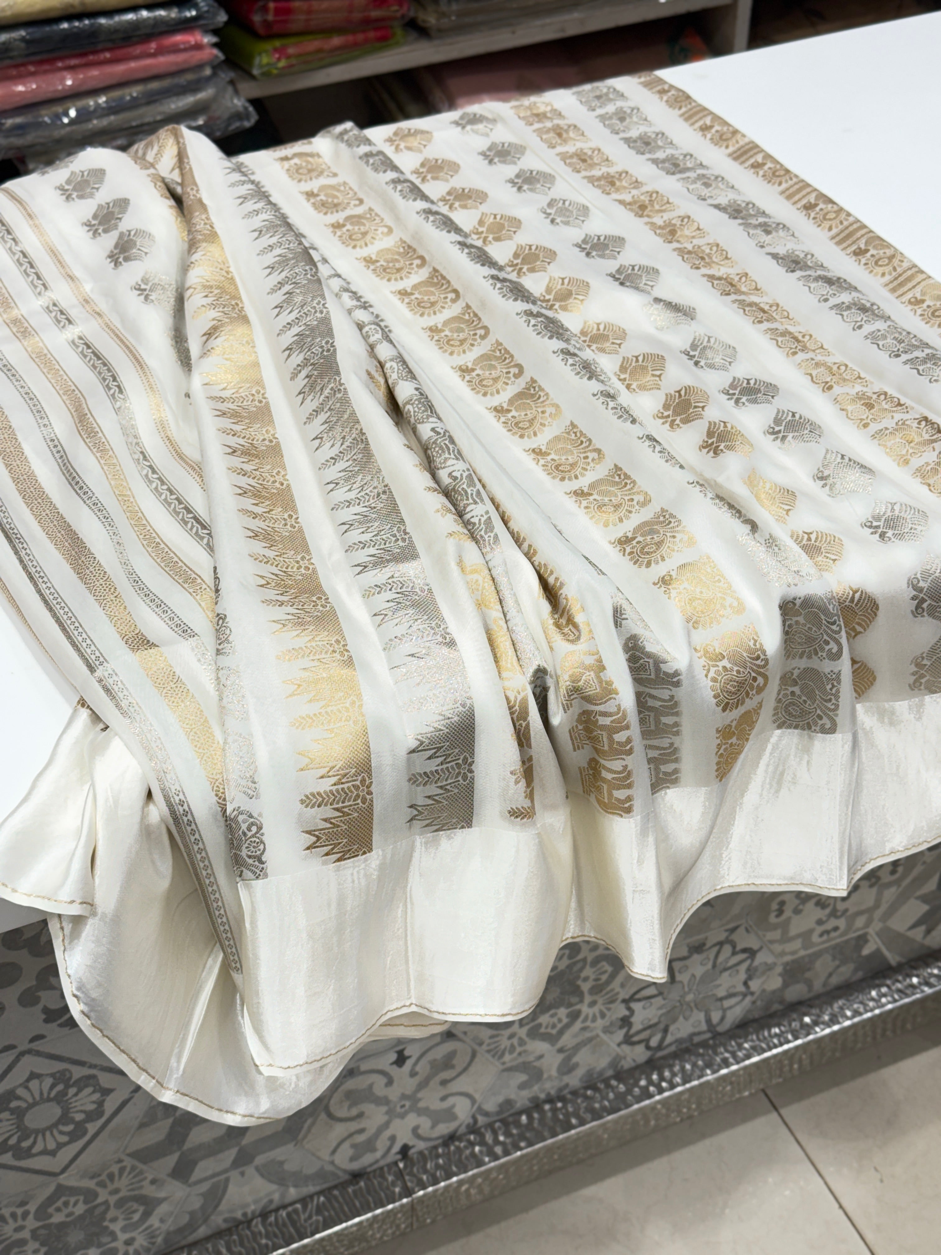 Nita Ambani Inspired White Contemporary Banarasi Saree
