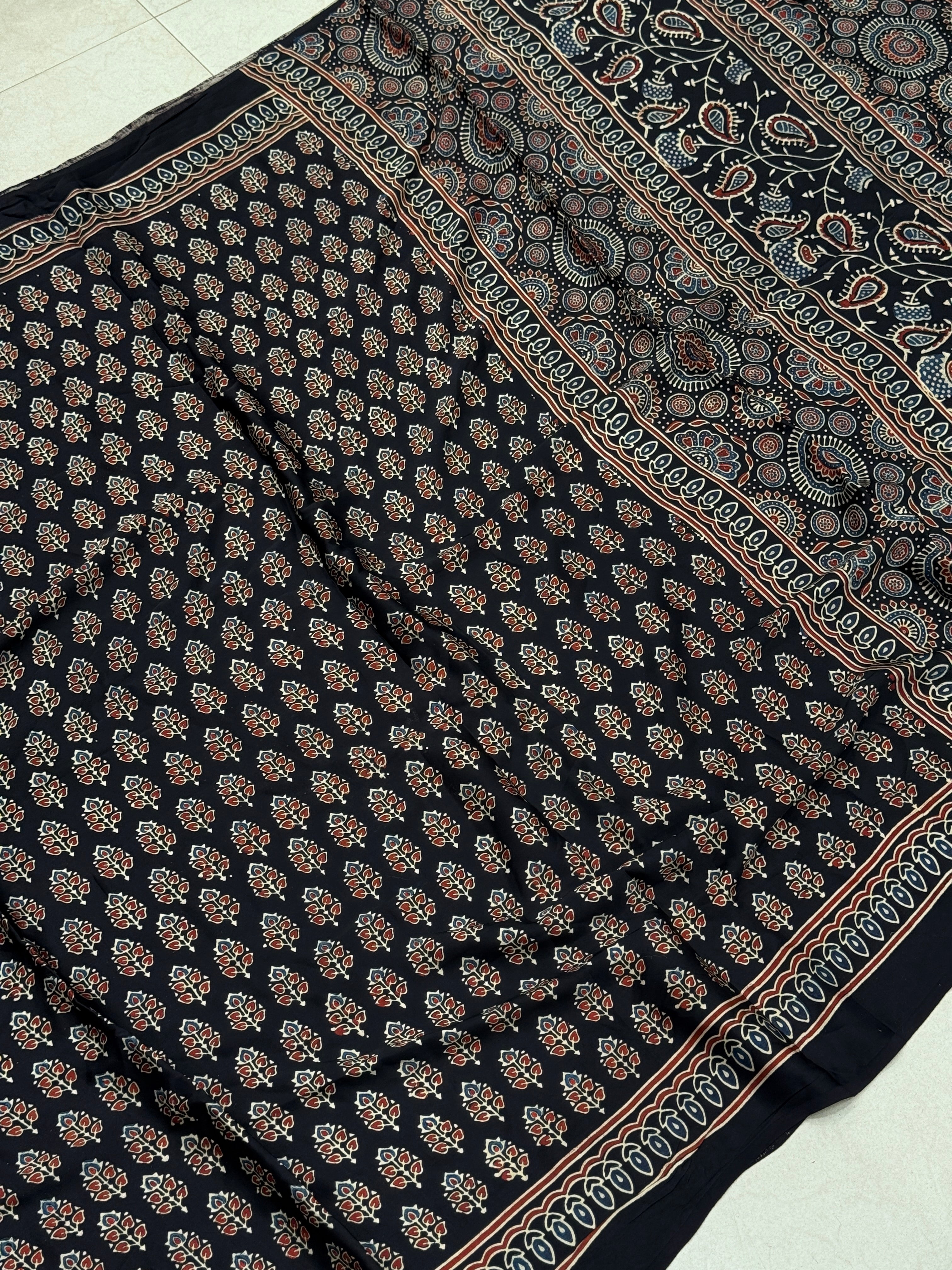 Black Blue Buttis Ajrakh Block Print Hand Pure Gajji Silk Saree