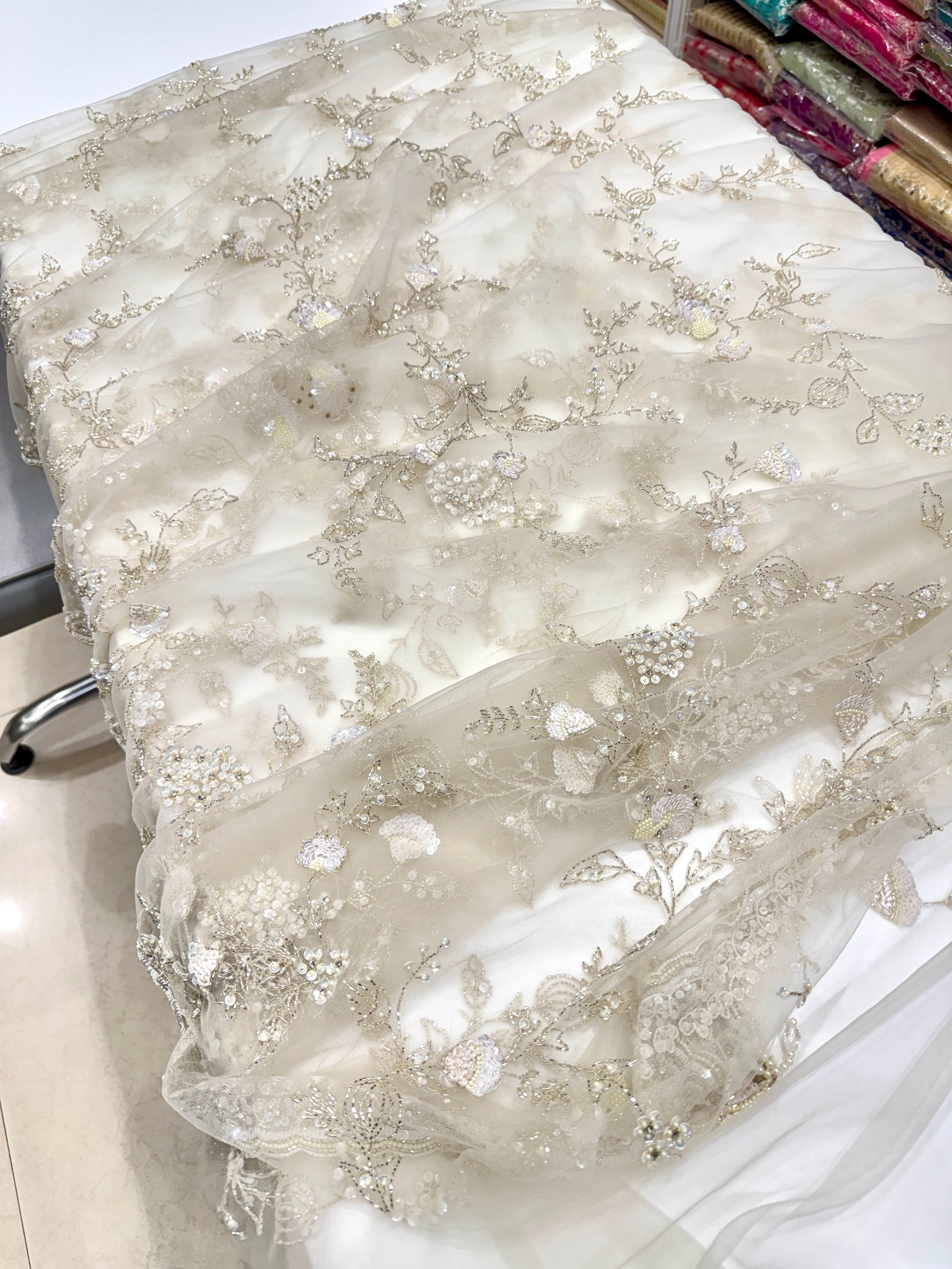 White Hand Embroidery Net Saree Sequin and Salli Embroidery