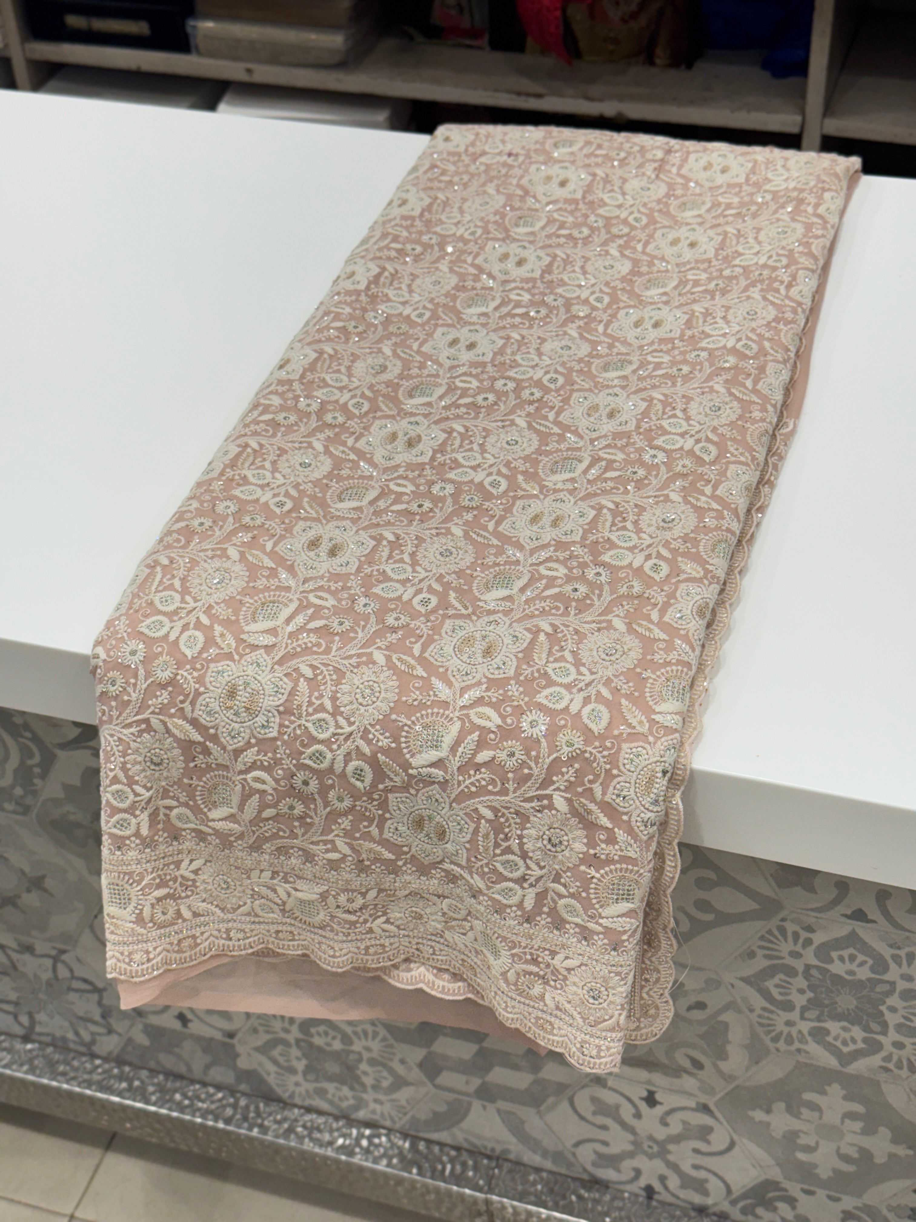 Nude Pink Chikankari Small Scallop Design Saree