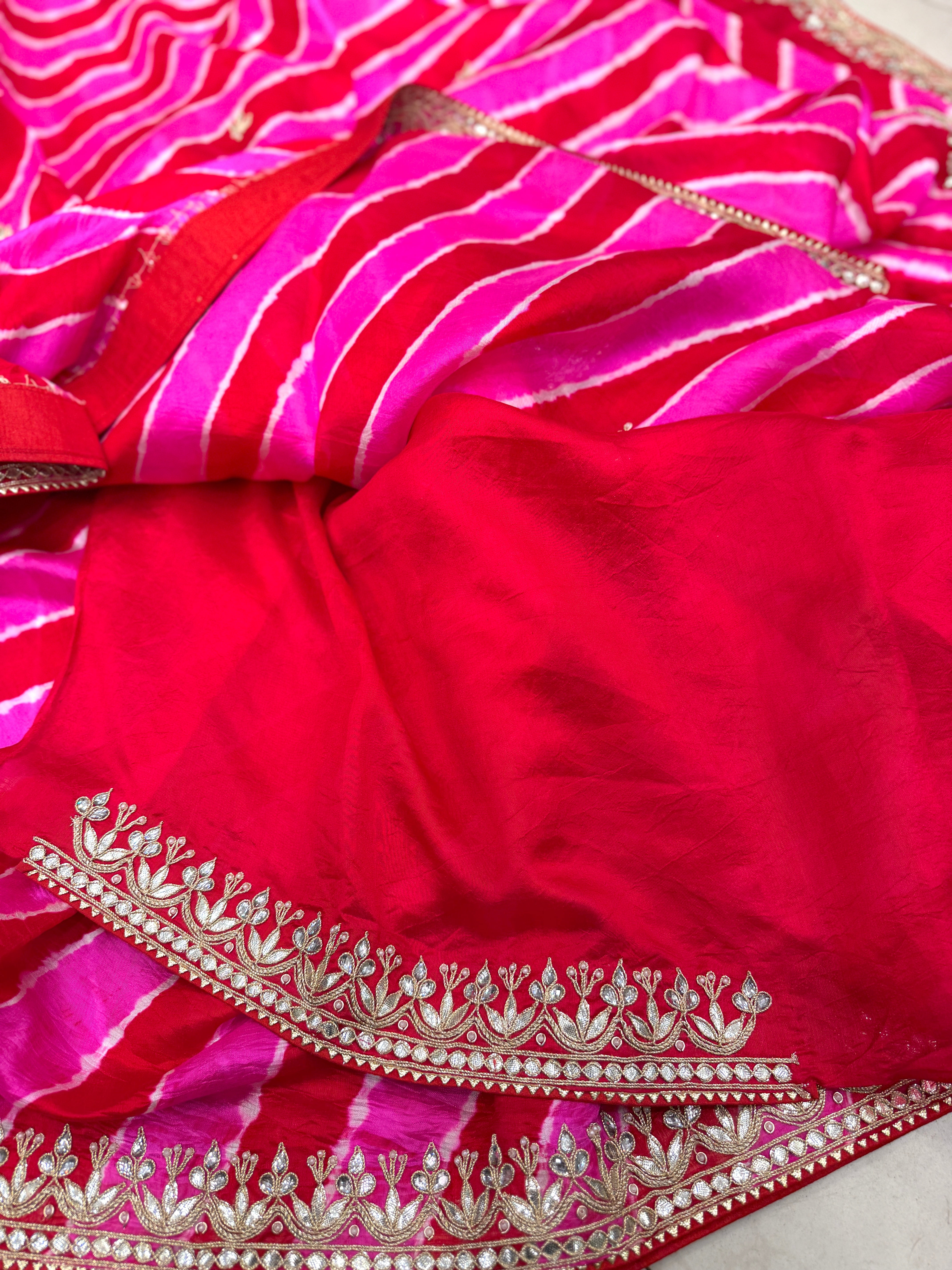 Rani Pink Leheriya Tussor with Gotapatti Embroidery Saree
