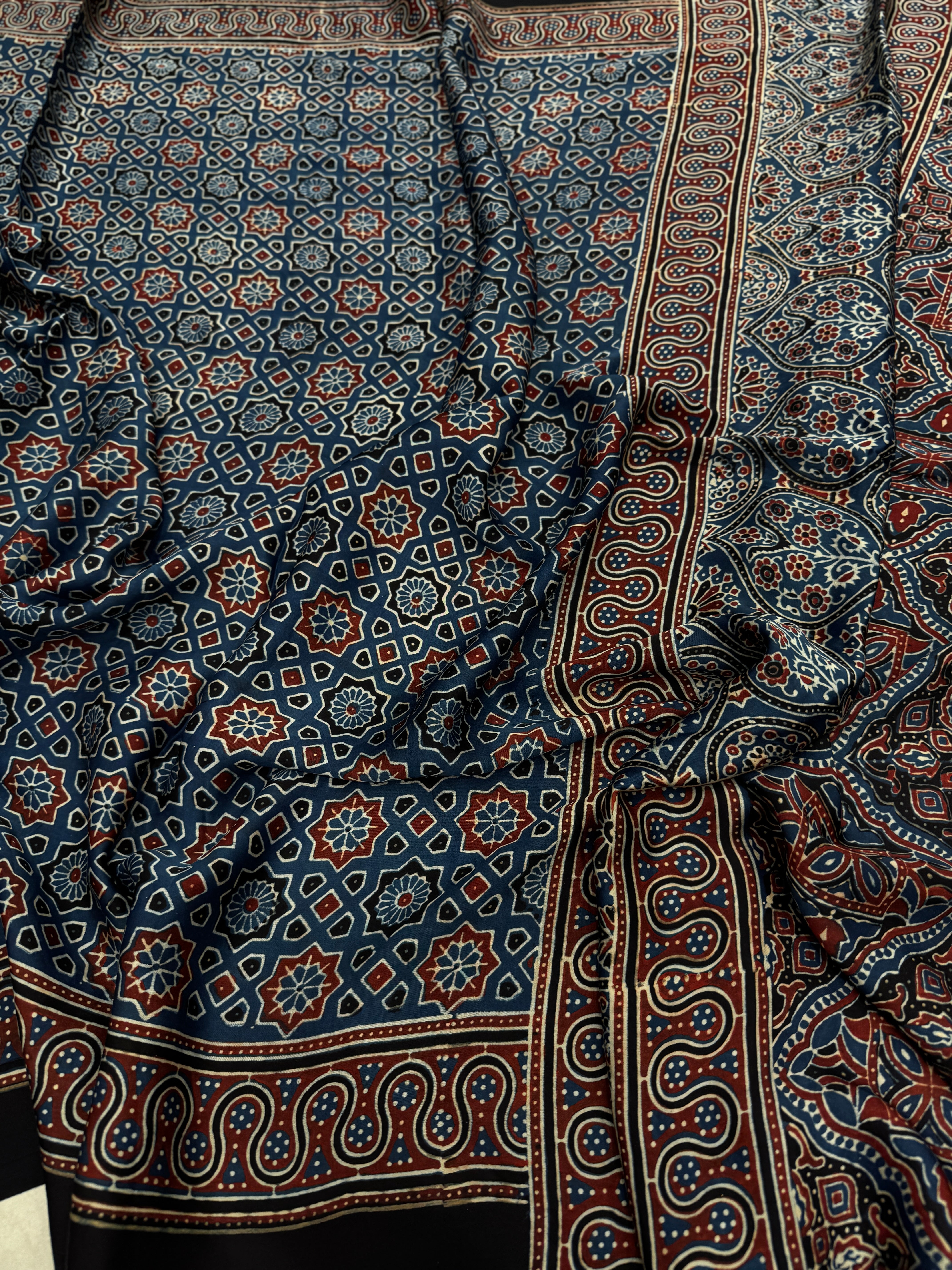 Blue Star Hand Block Print Ajrkah Pure Gajji Silk Saree