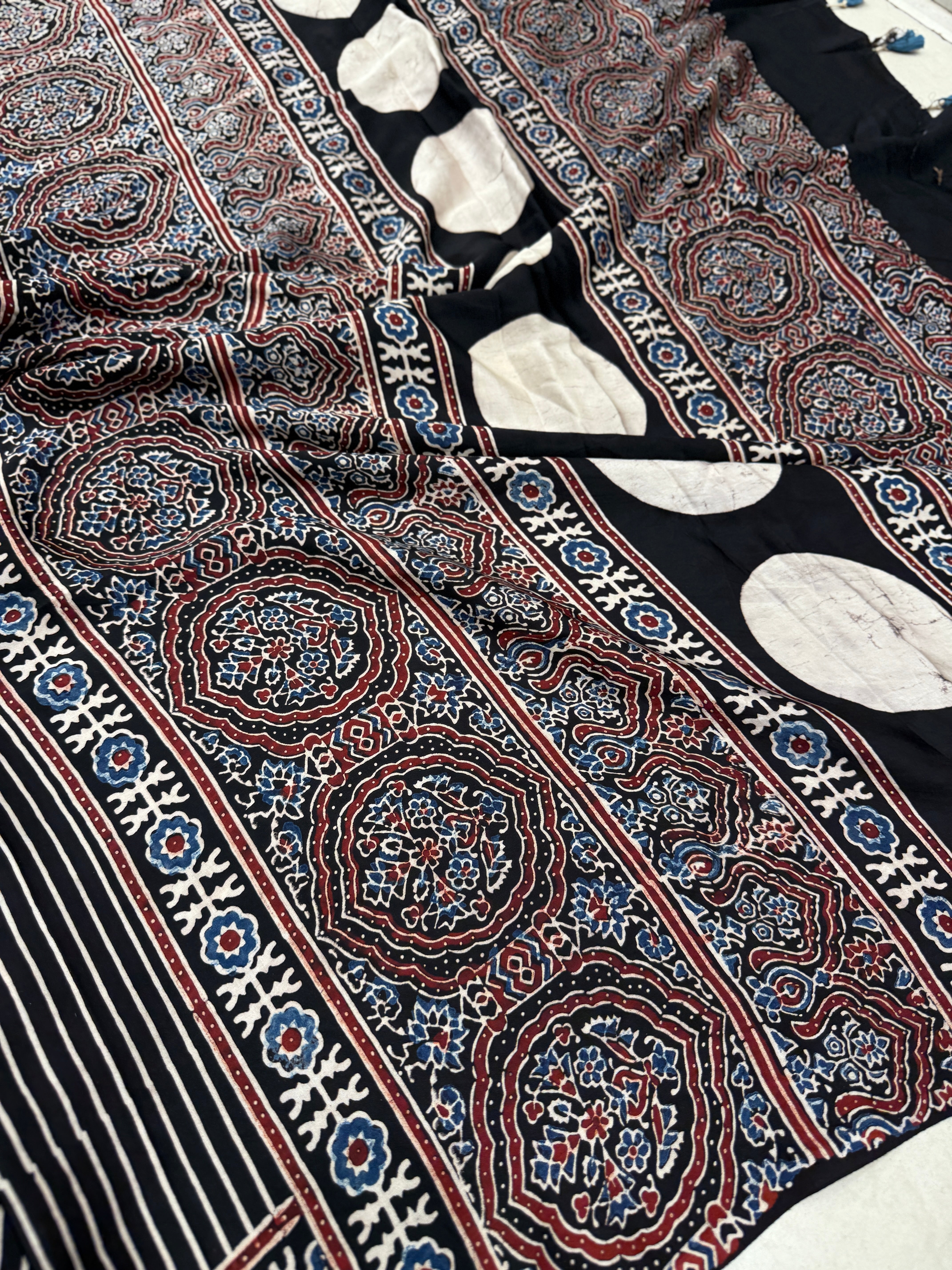 Black Contemporary Box Pallu Ajrakh Block Print Hand Pure Gajji Silk Saree