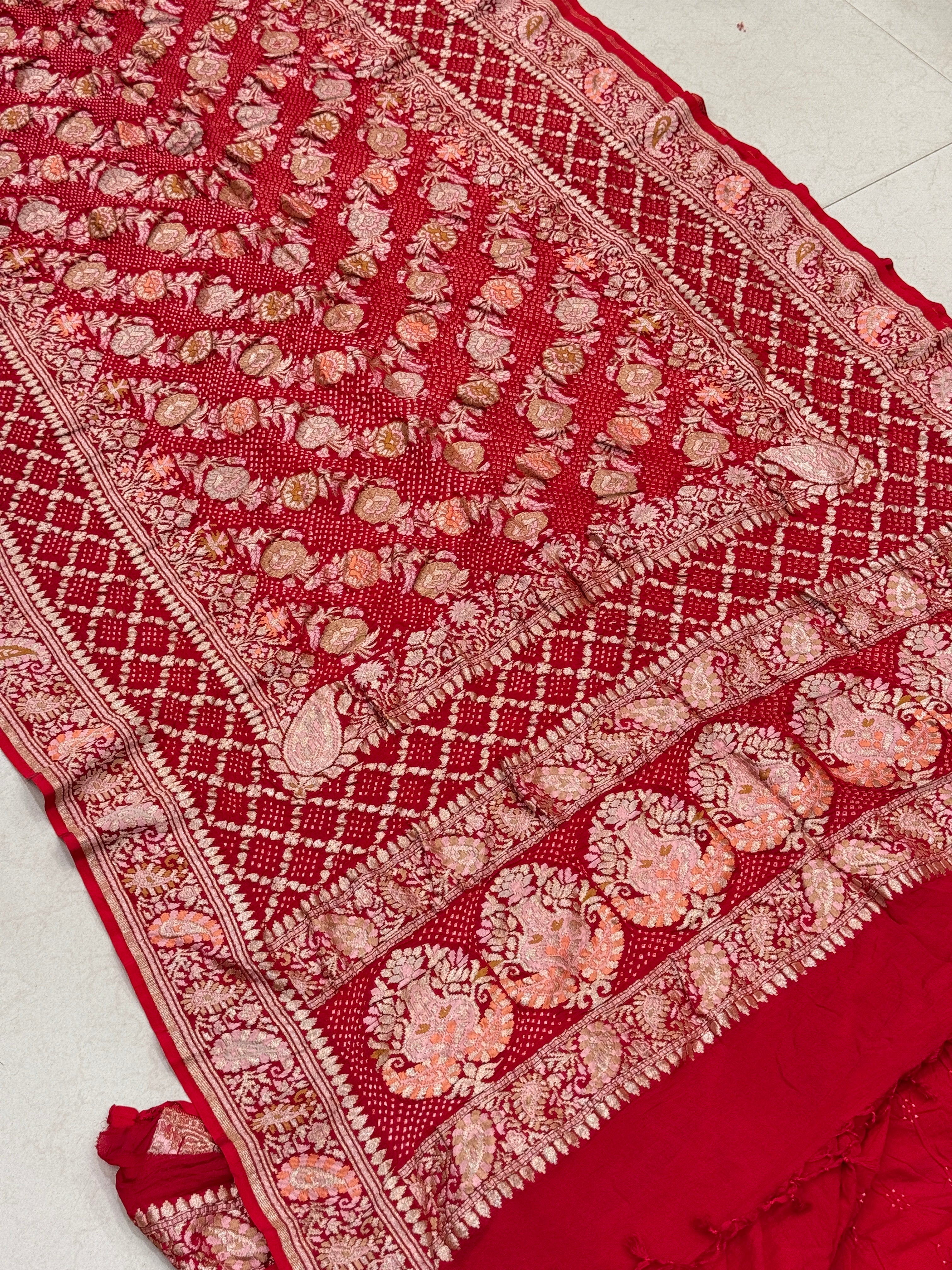 Red Double Border Meenakari Rai Bandhej Georgette Bandhini Saree