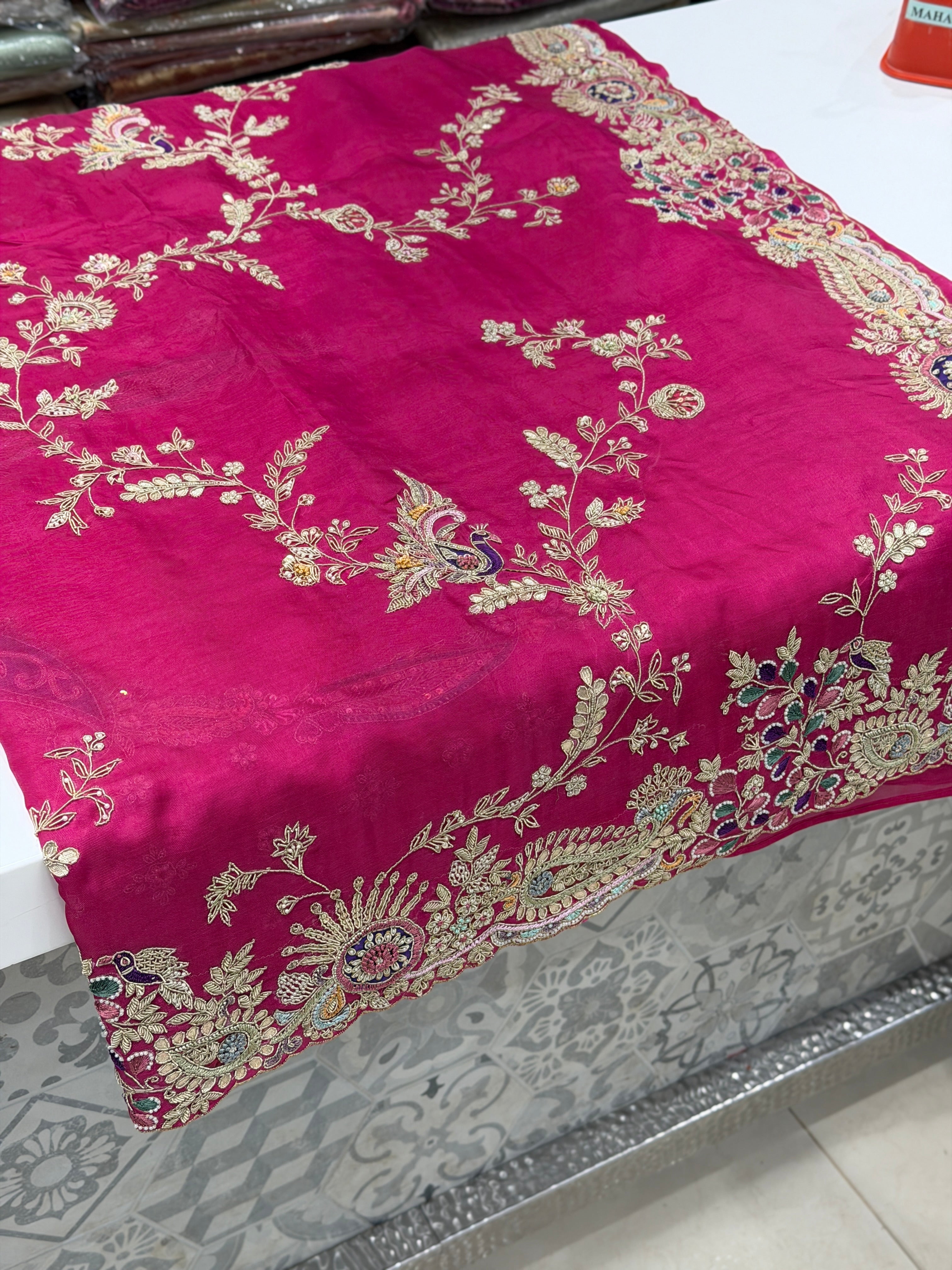 Rani Pink Organza Anamika Khanna Inspired Hand Embroidery Saree