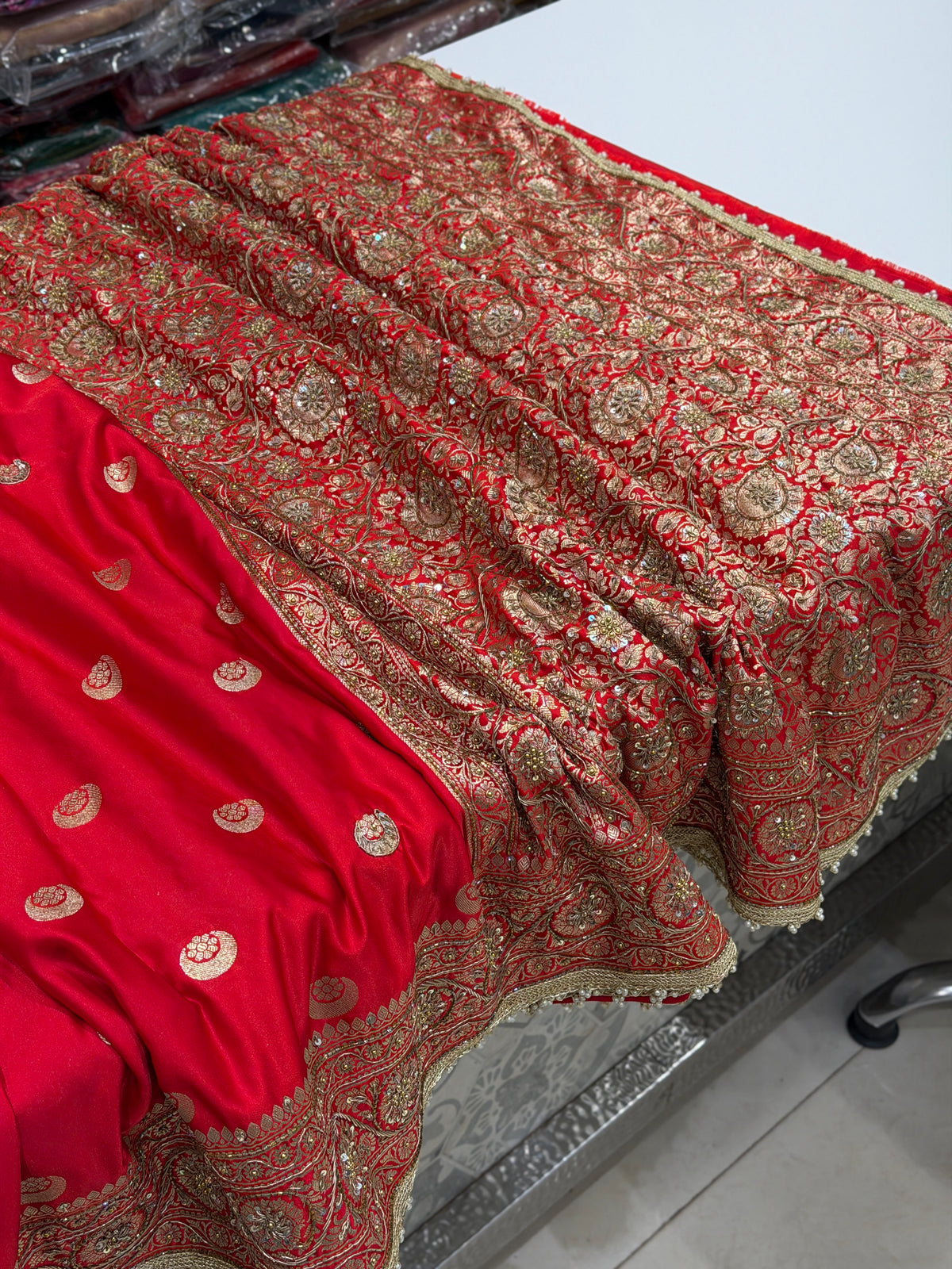 Cross Red Banarasi Chand Buttis Antique Zardosi Hand Embroidery Saree