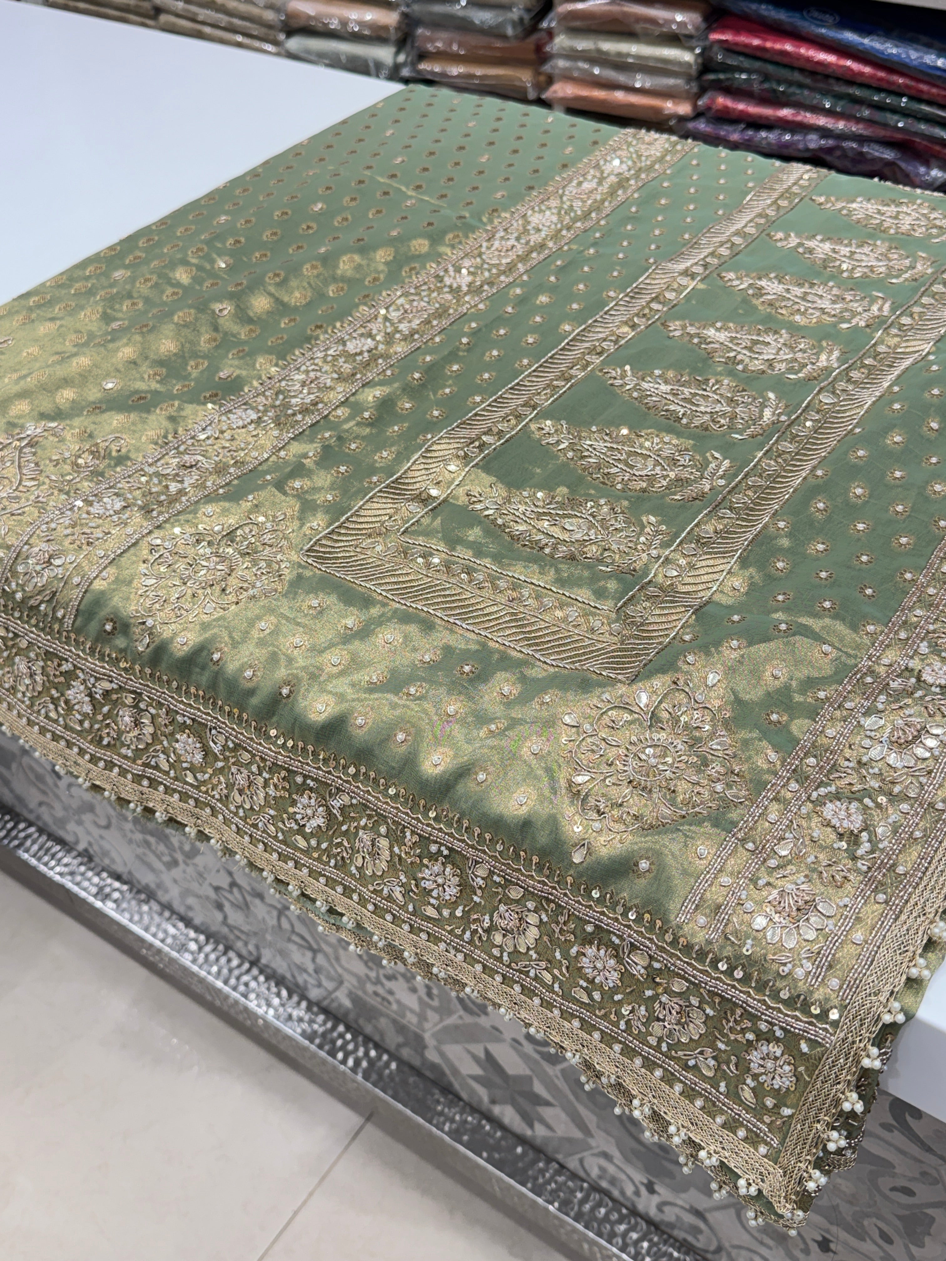 Pista Green Tissue Buttis Zardosi Gota Hand Embroidery Saree