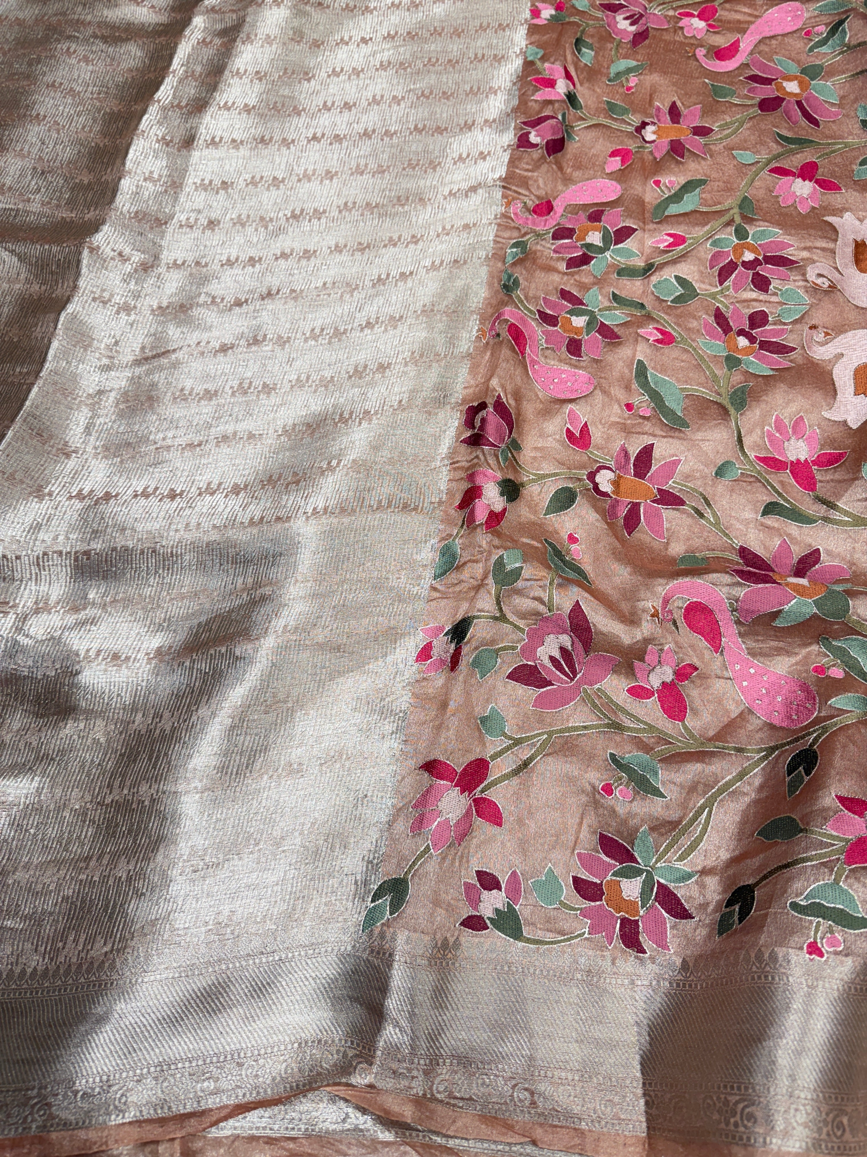 Peach Silver Handloom Tissue Swans Contemporary Resham Embroidery Saree