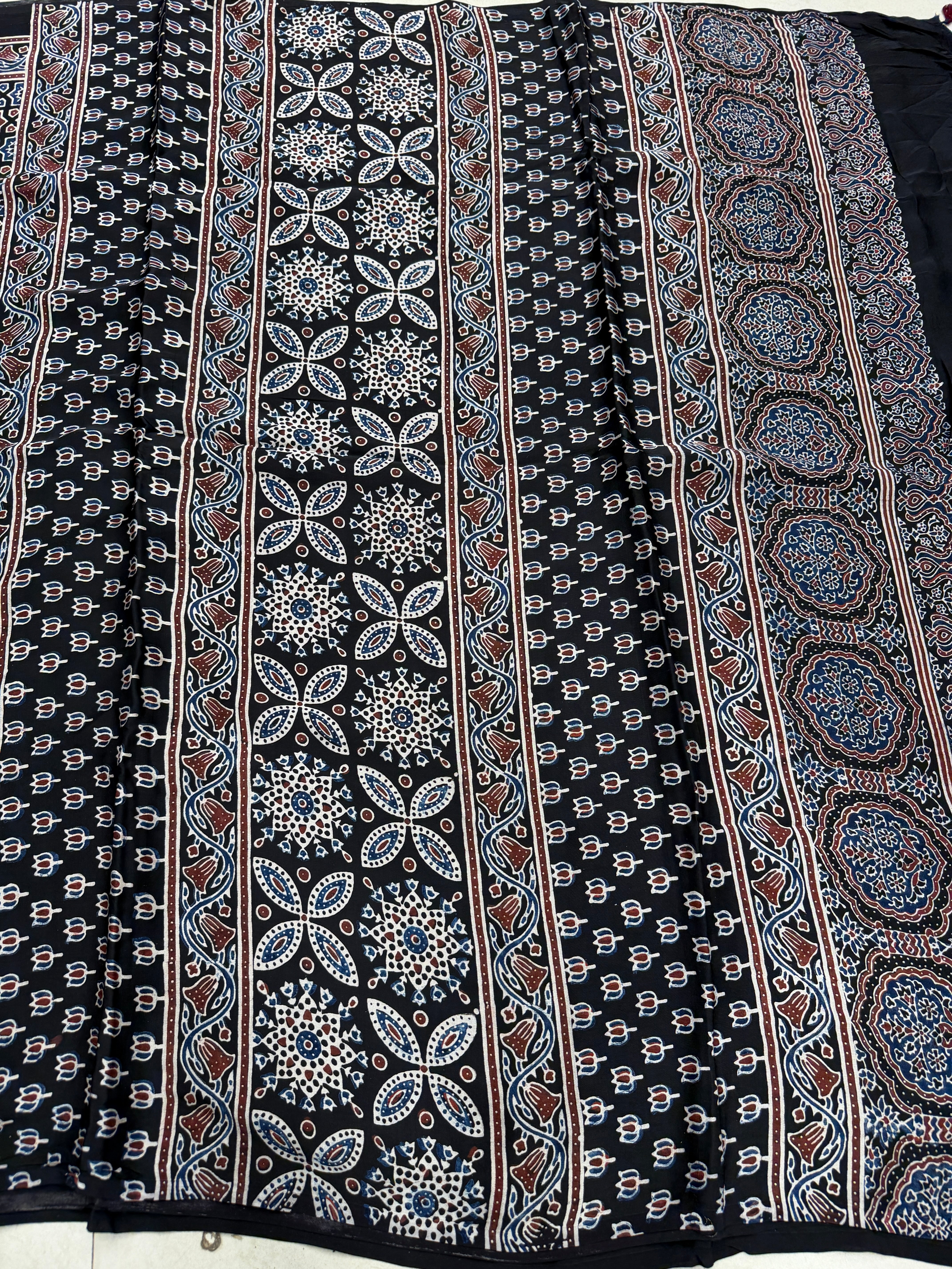 Black Jaal Ajrakh Hand Block Print Pure Gajji Silk Saree