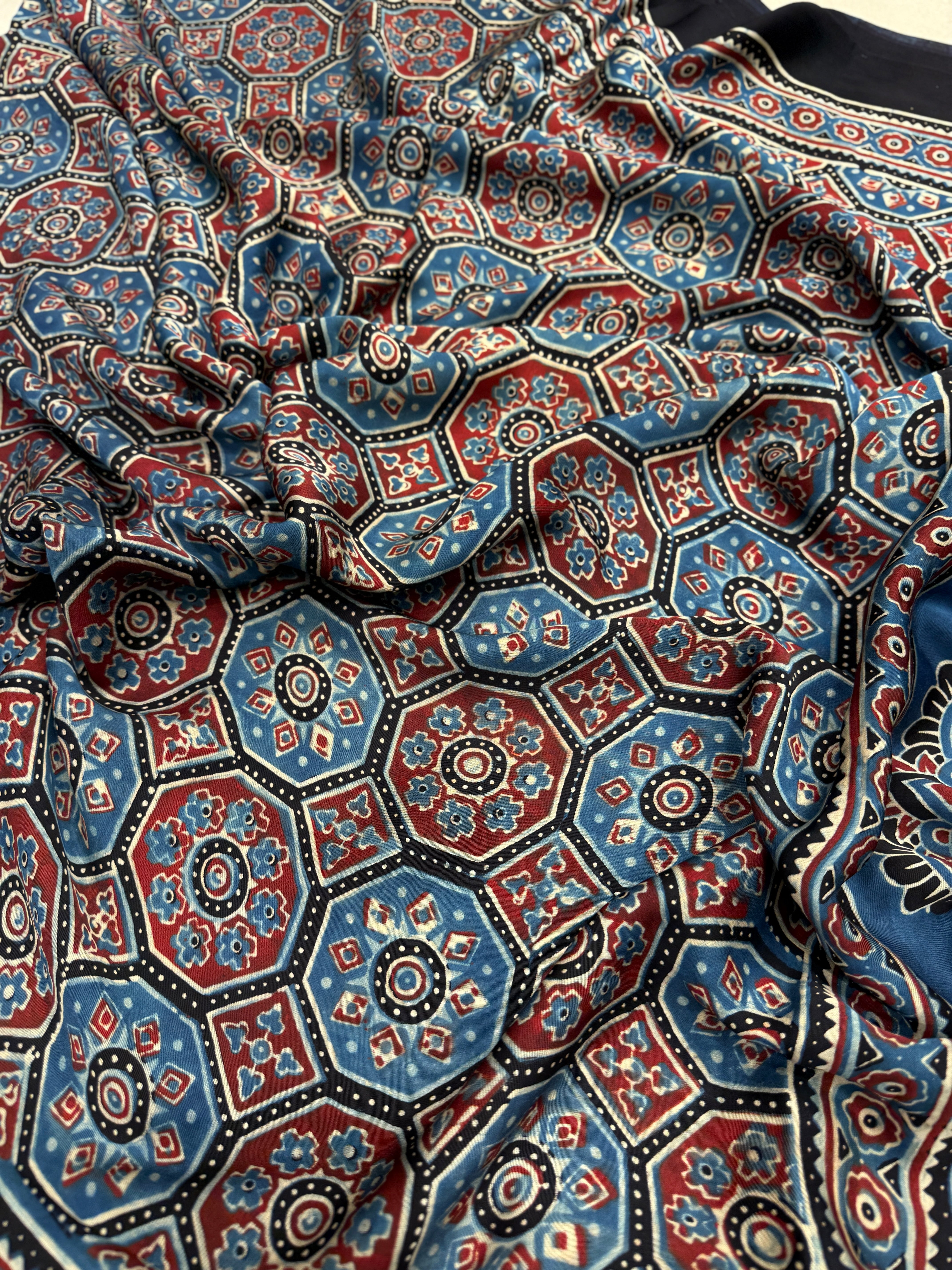 Blue Checkered Jewelled Jaal Ajrakh Saree