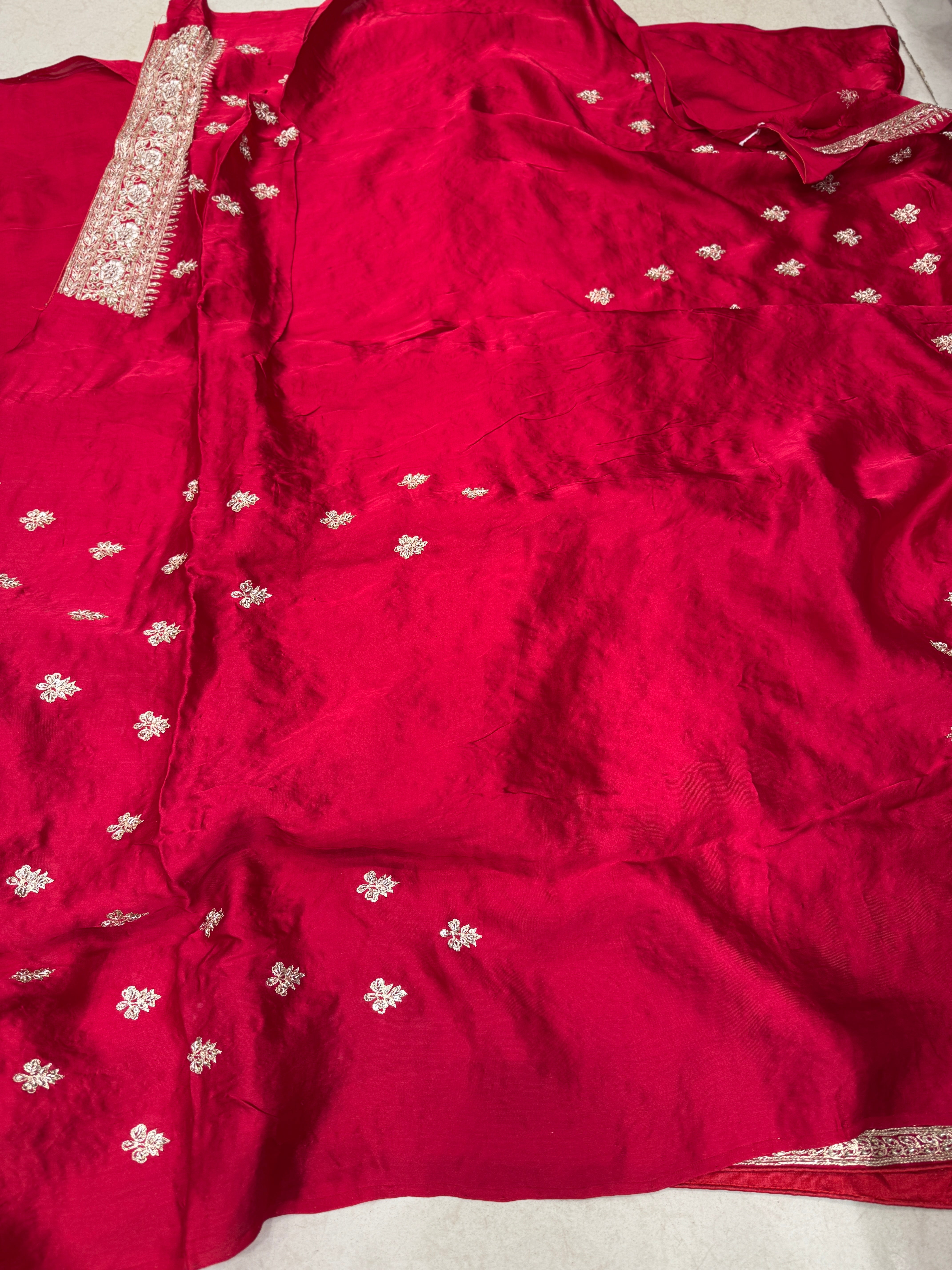 Red Hand Embroidery Mughal Jaal Pure Satin Zardosi Embroidery