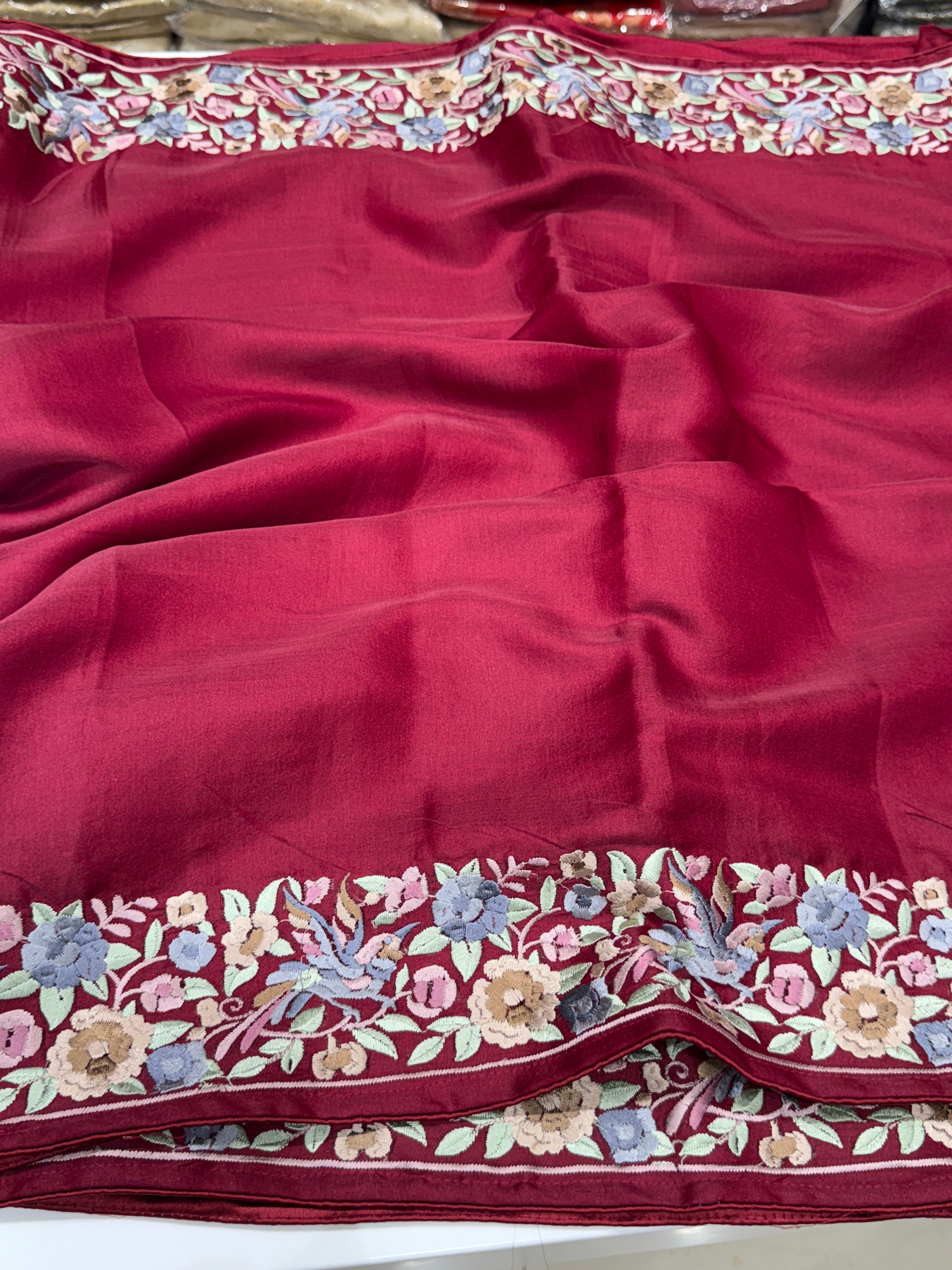 Maroon Silk Multi Colour Gara Border Saree