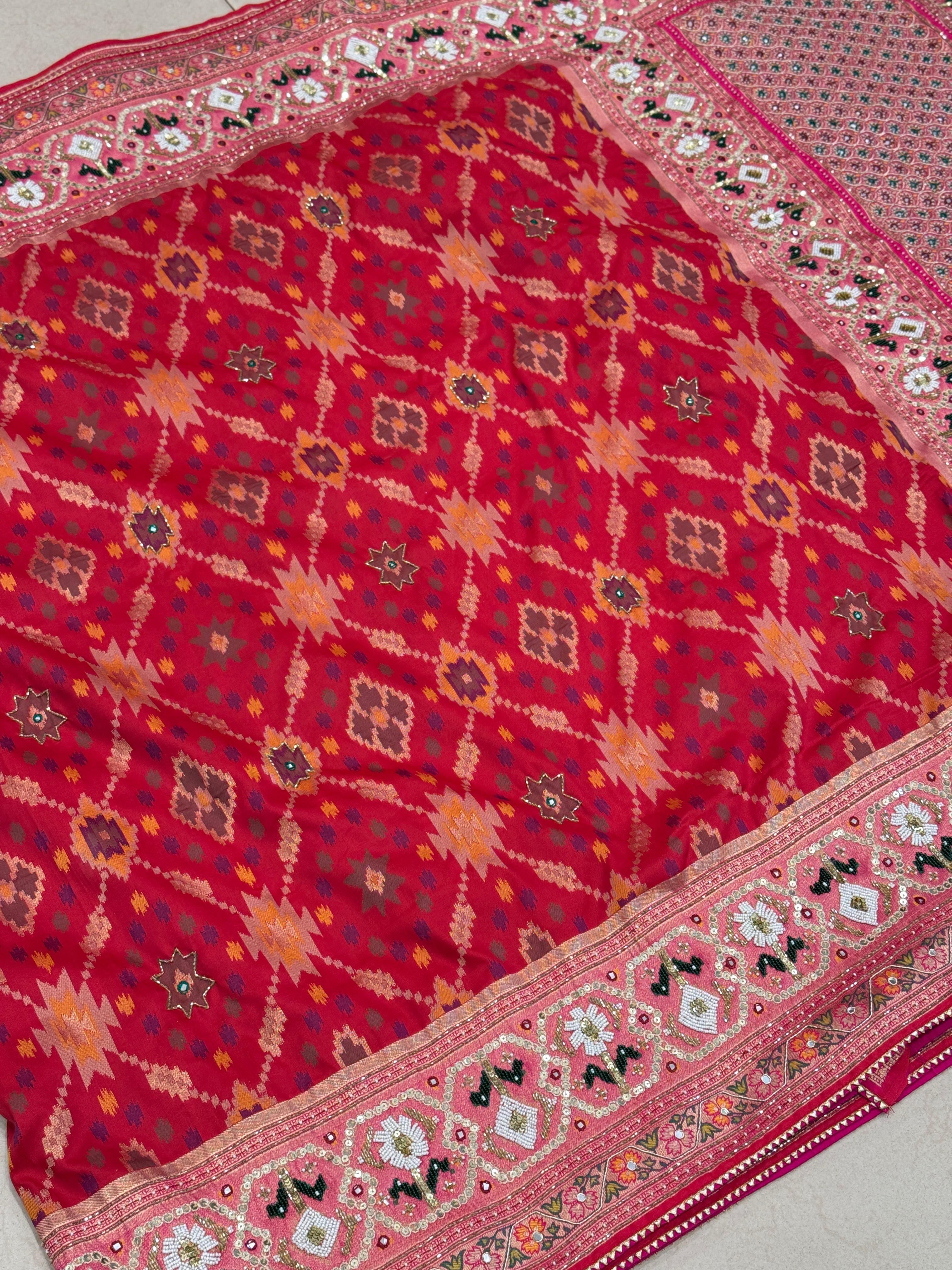 Red Patola Kutchi Moti Embroidery Saree