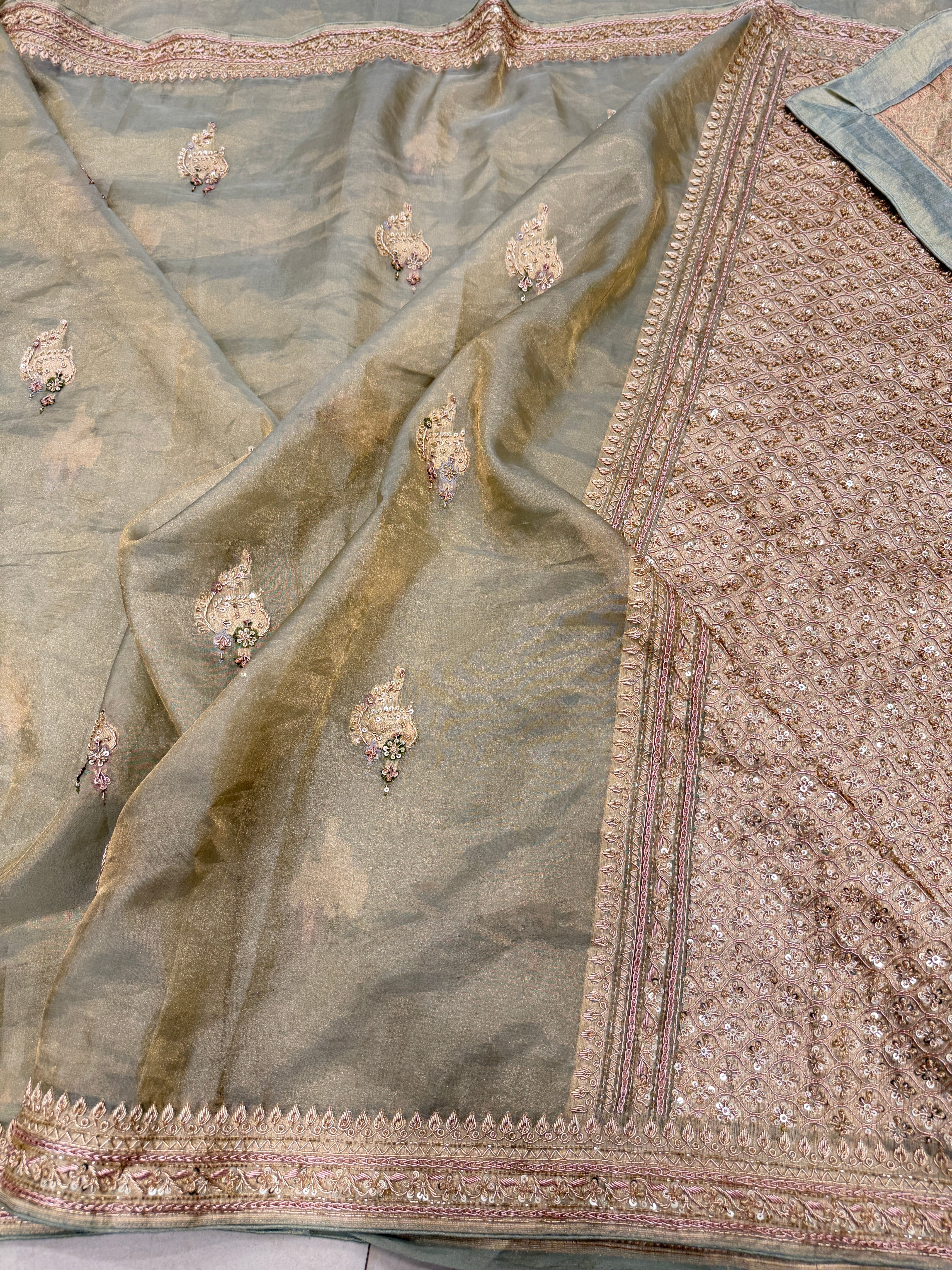 Sage Green Meenakari Banarasi Tissue Handloom Kadwa Weave Zardosi Embroidery Saree