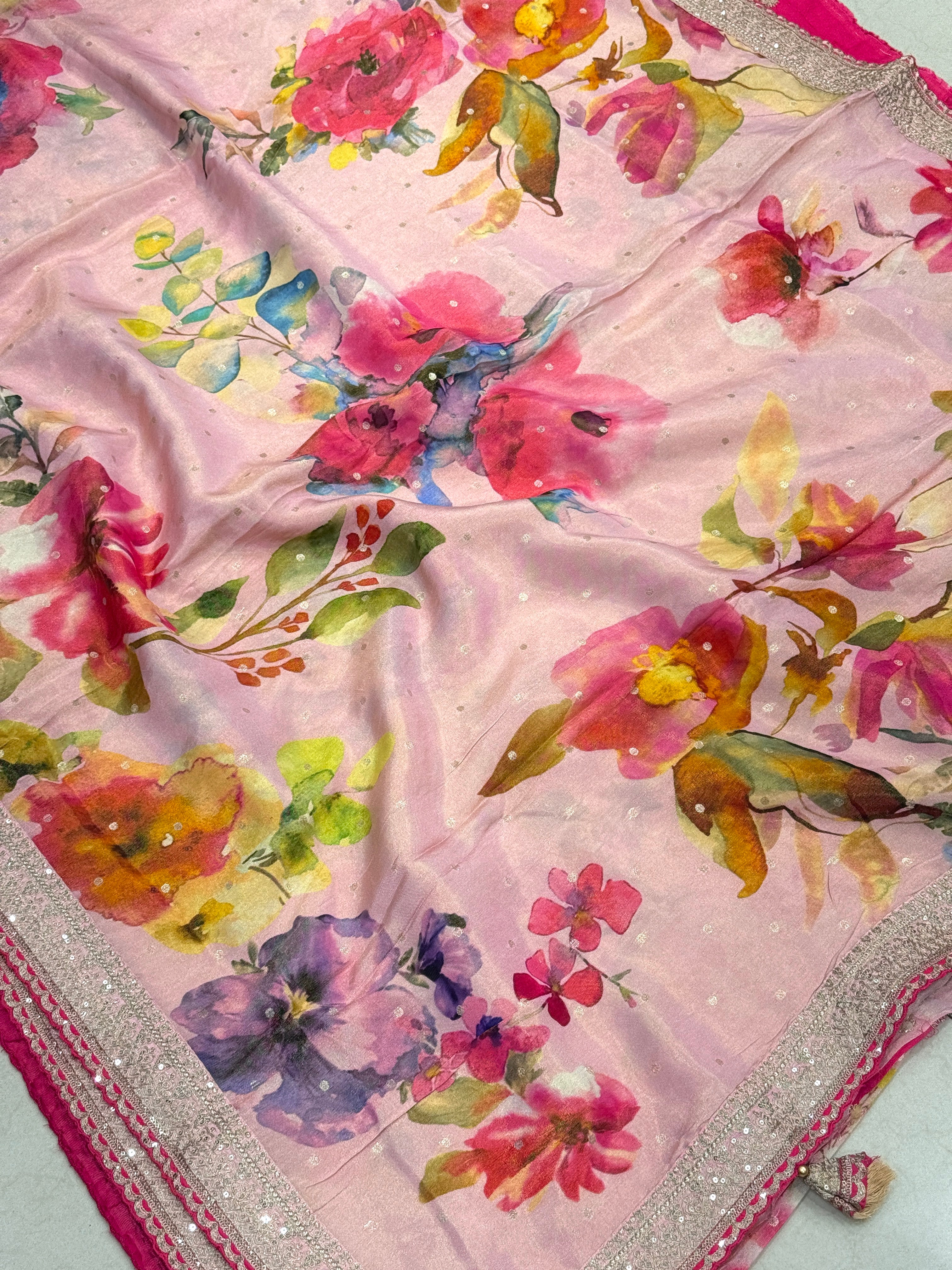 Pink Printed Crepe Tissue Sabyasachi Inspired Border Saree