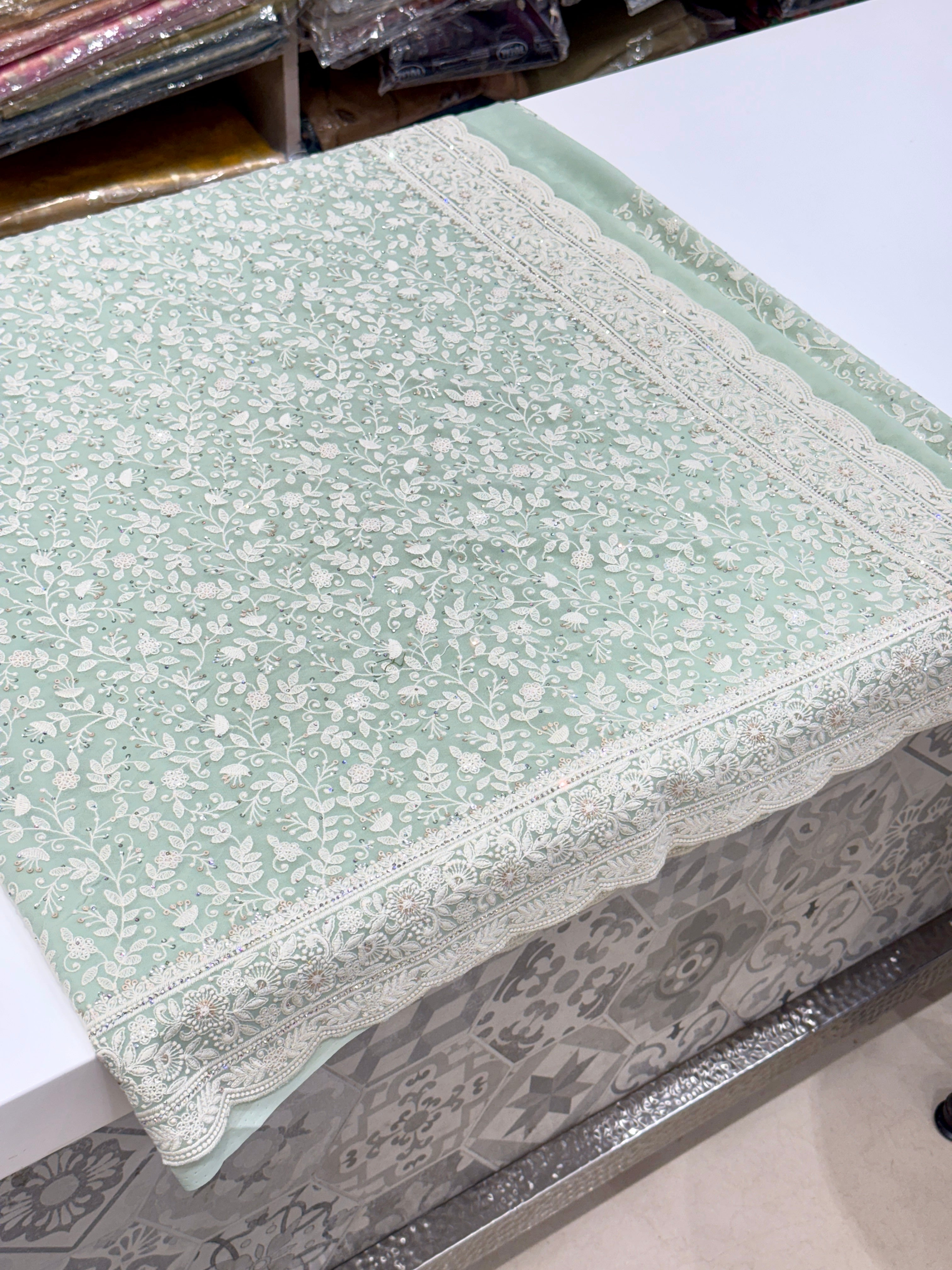 Pista Green Chikankari Scallop Design Saree
