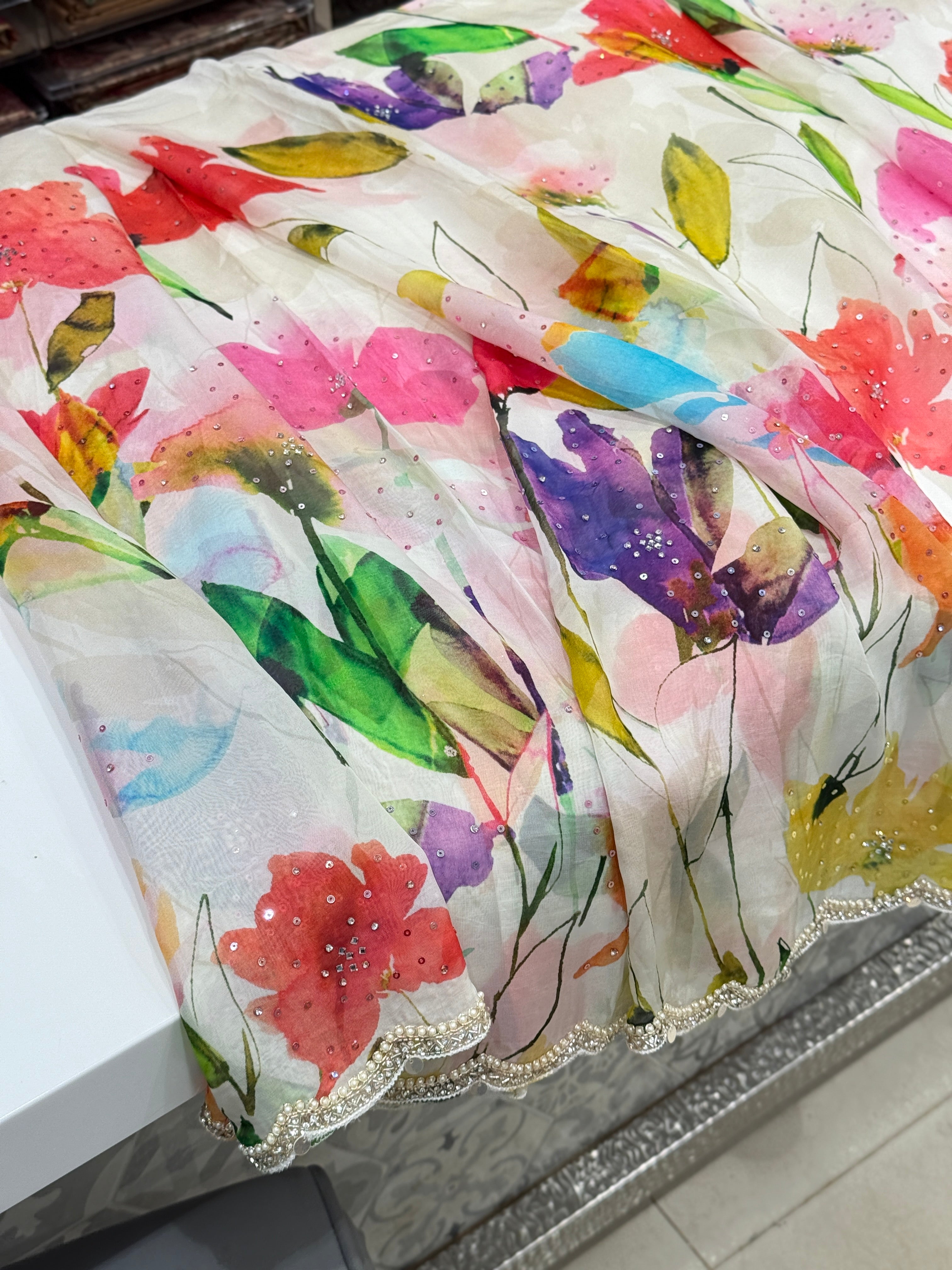 Multi Colour Print Muslin Border Hand Embroidery Saree