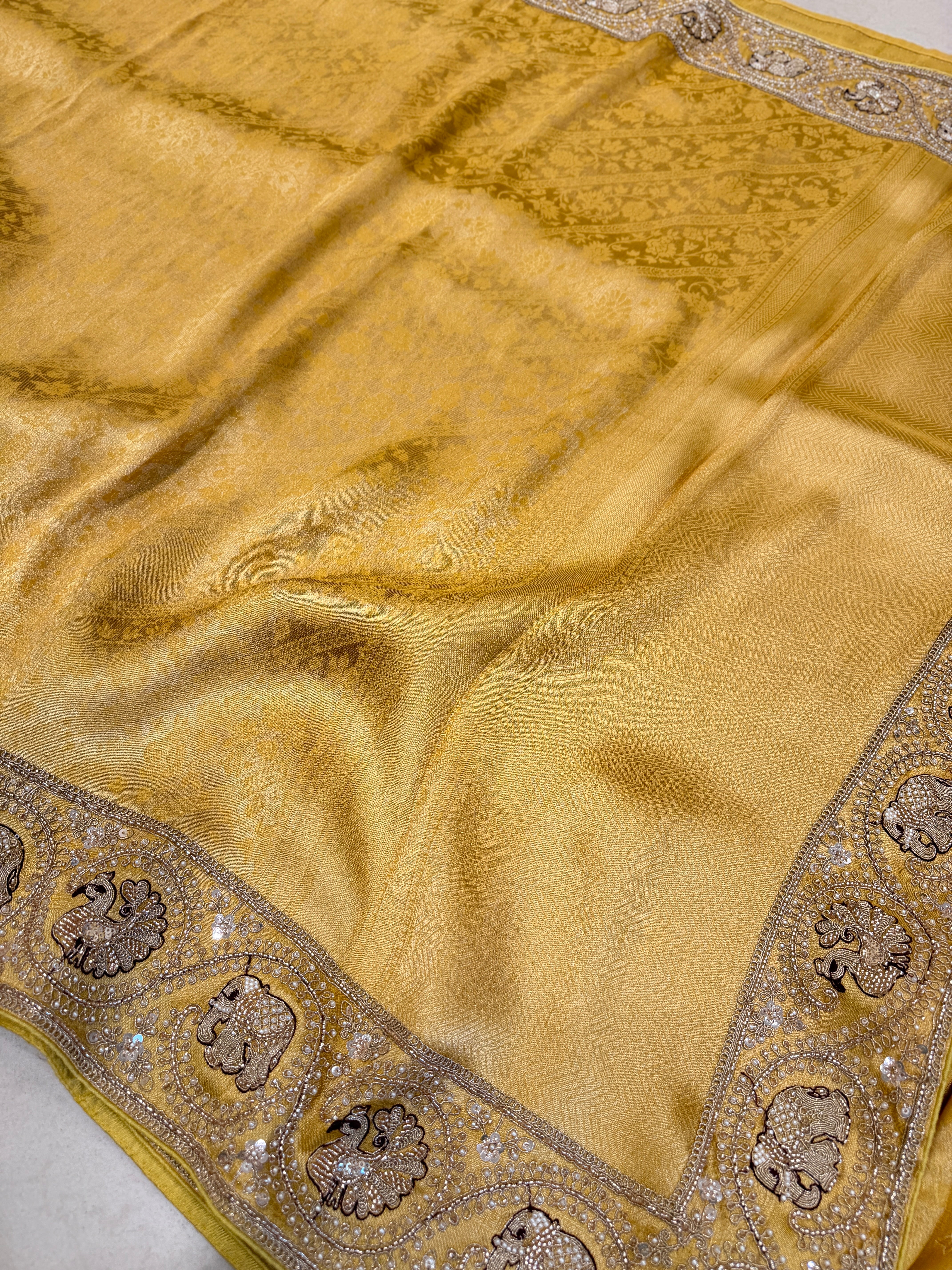Yellow Banarasi Crepe Tissue Elephant Motif Embroidery Saree