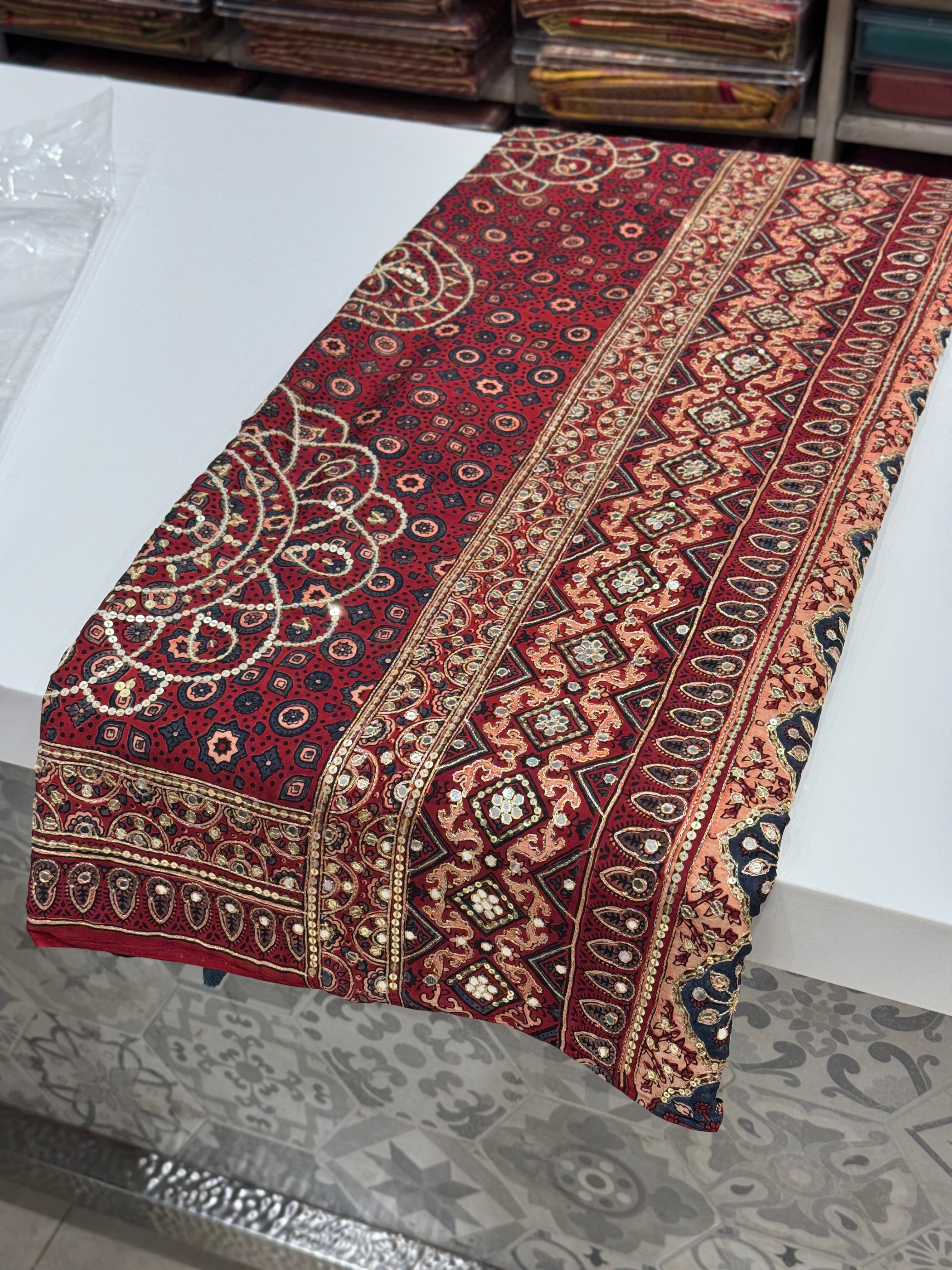 Red Alia Bhatt Inspired Hand Embroidery Ajrakh Saree