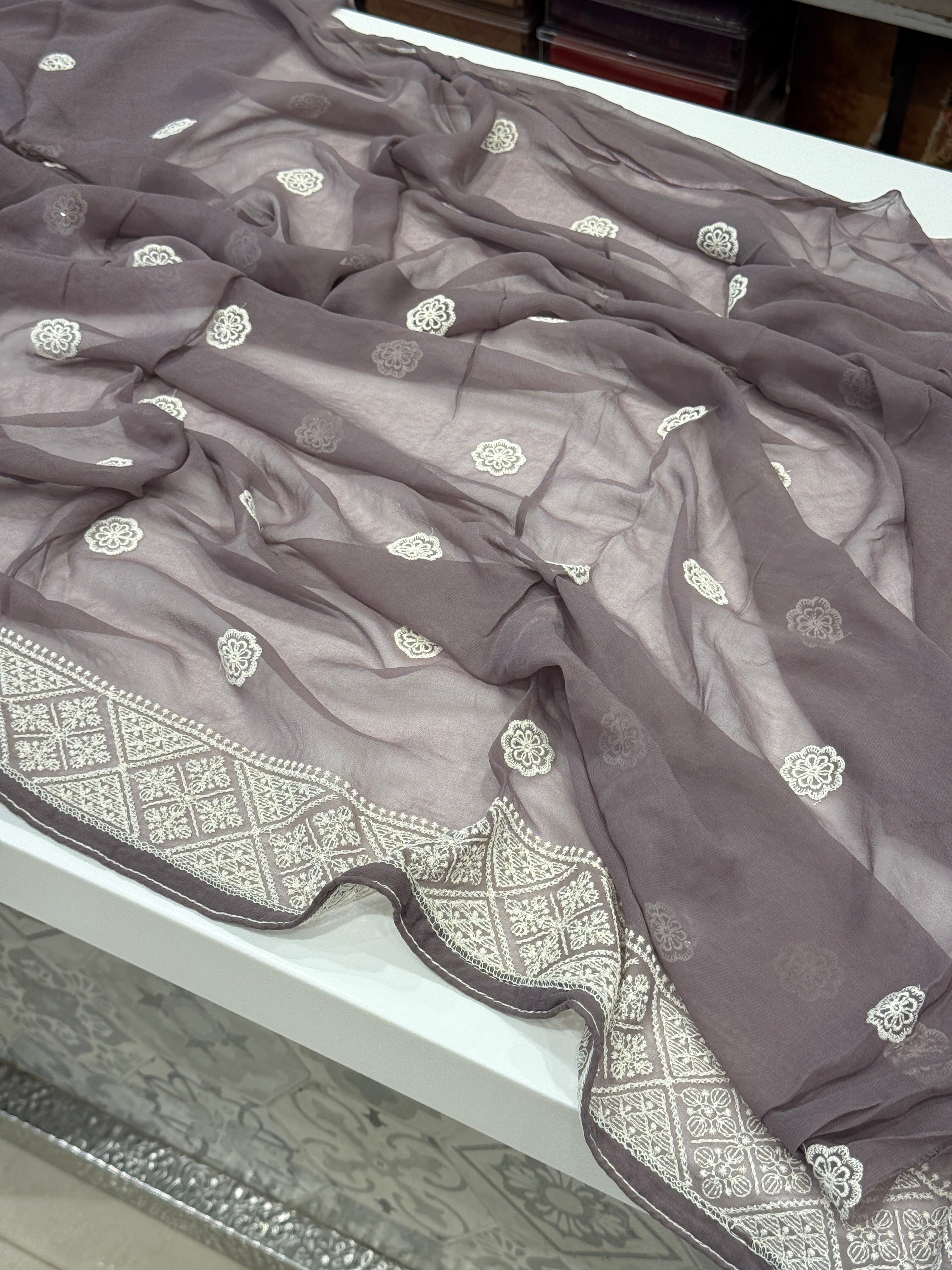 Brownish Grey Chikankari Georgette Jaal Saree