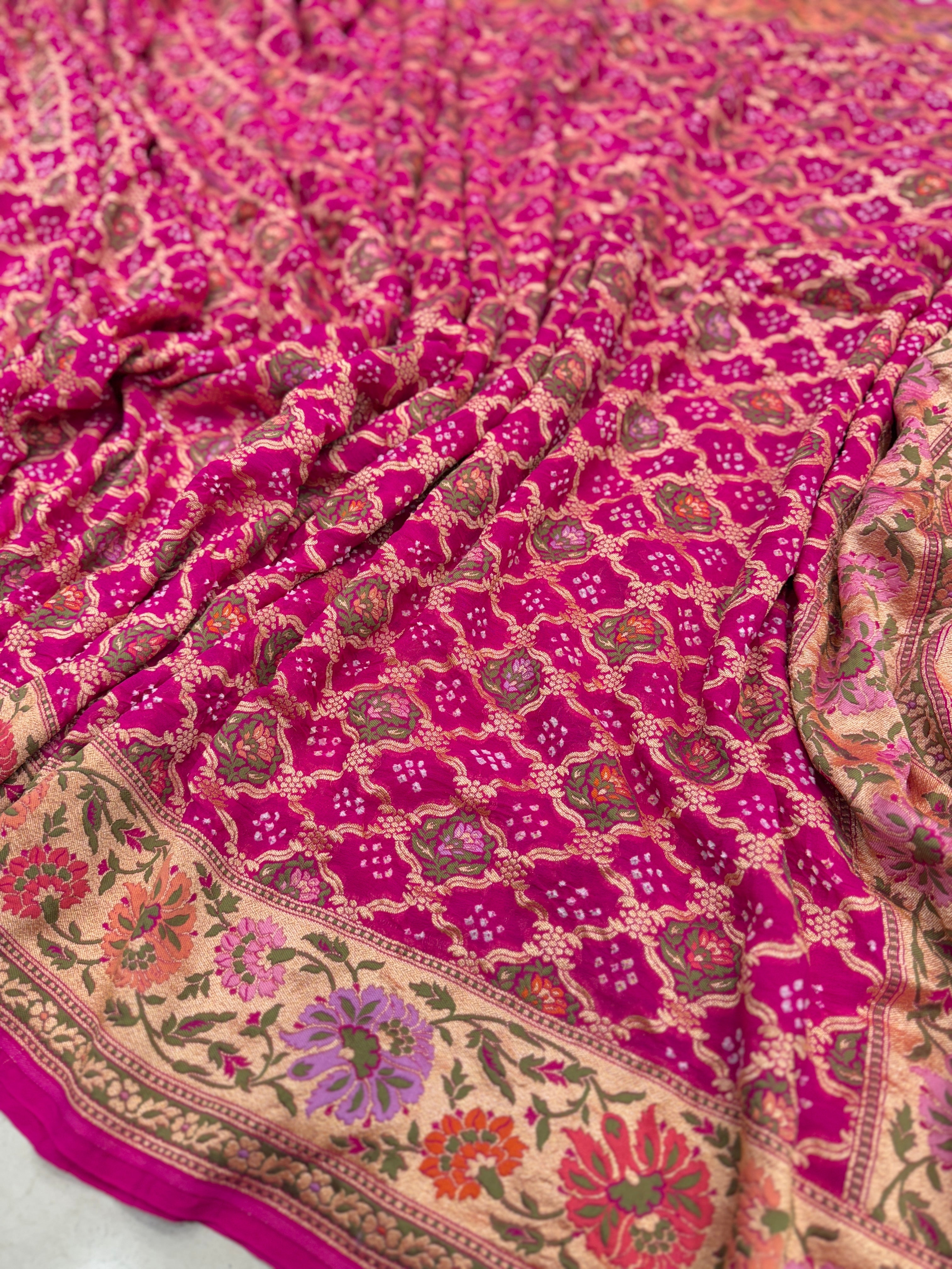 Rani Floral Border Meenakari Rai Bandhej Georgette Bandhini Saree