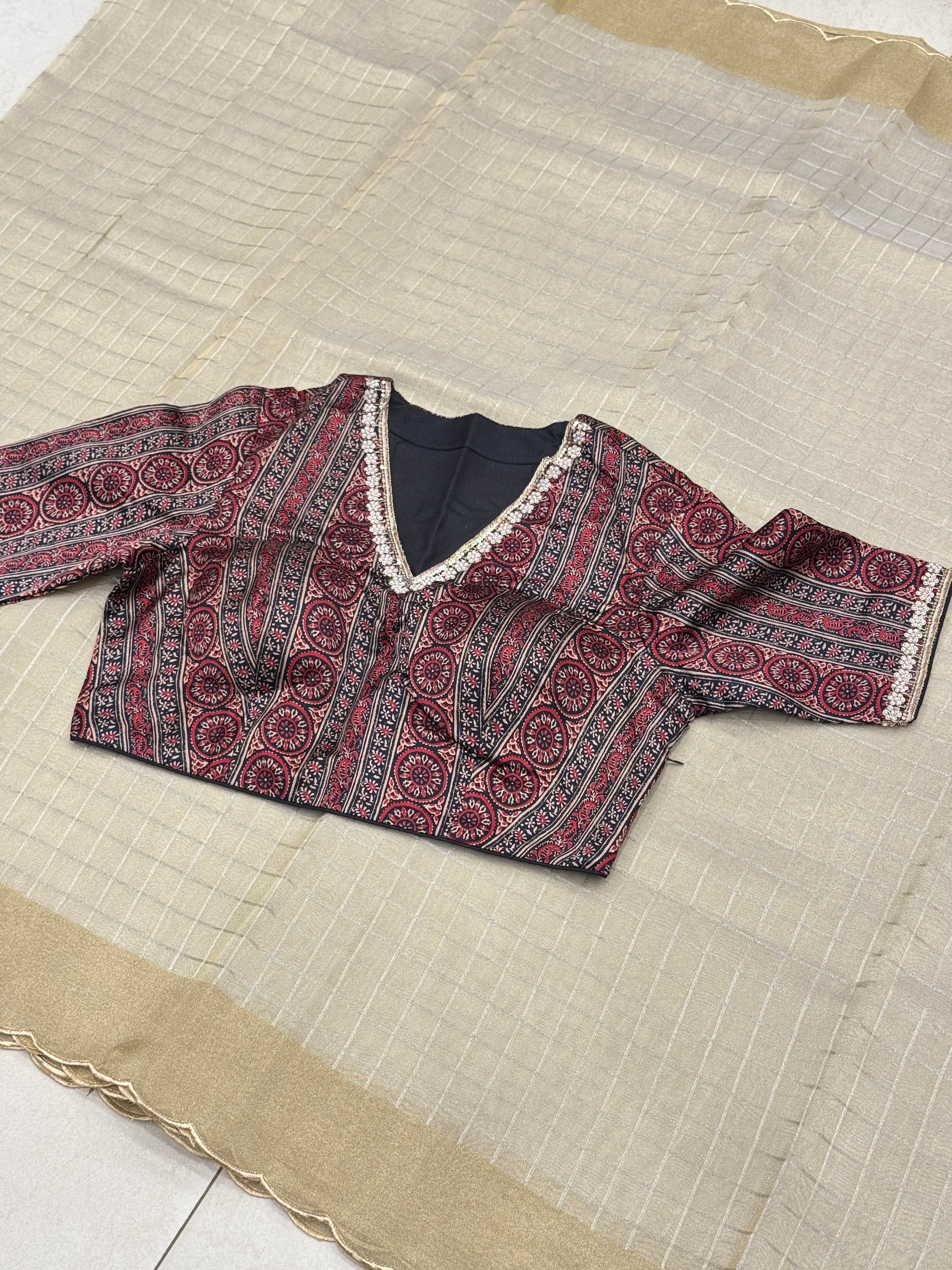 Golden Tissue With Ajrakh Ready Blouse Hand Embroidery