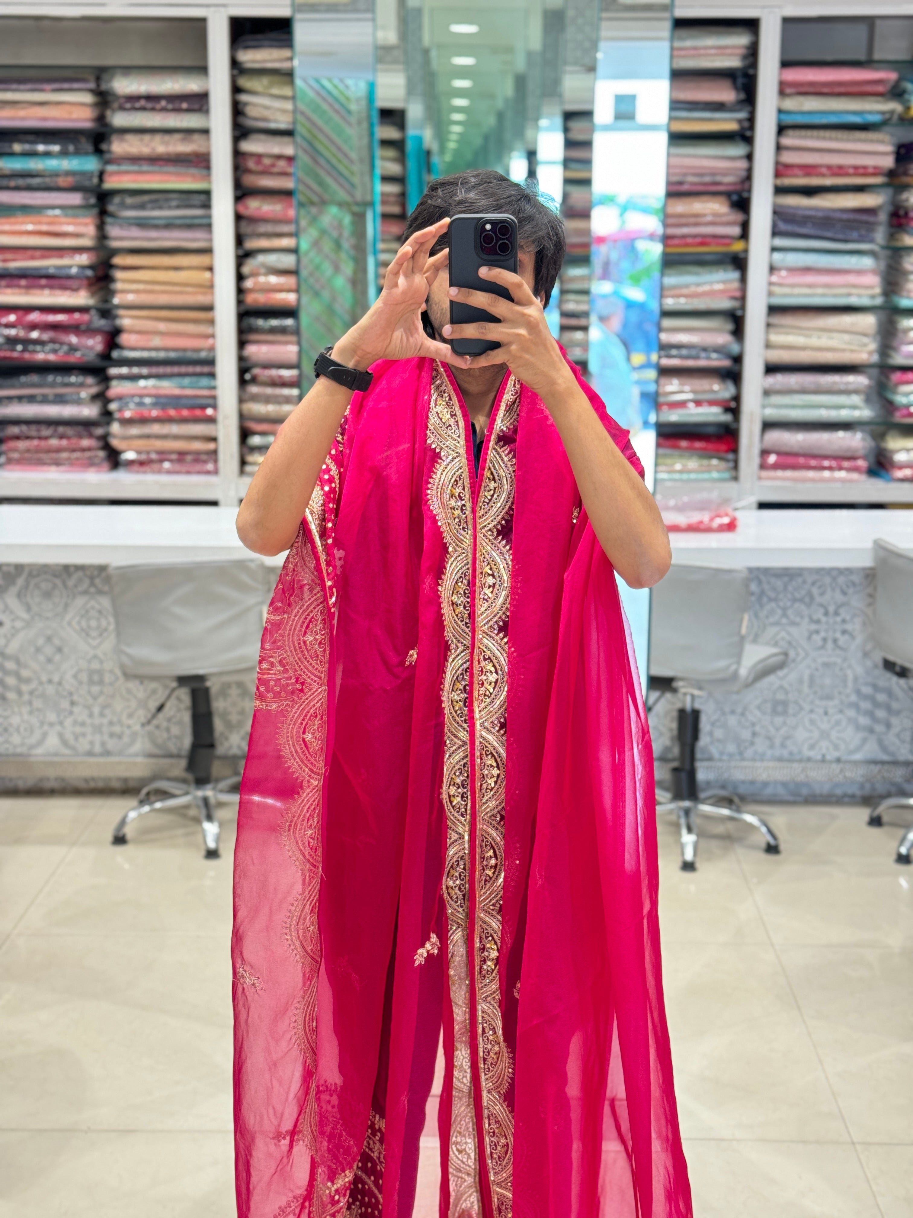 Rani Pink Organza Pita Embroidery Shoulder Butta Saree