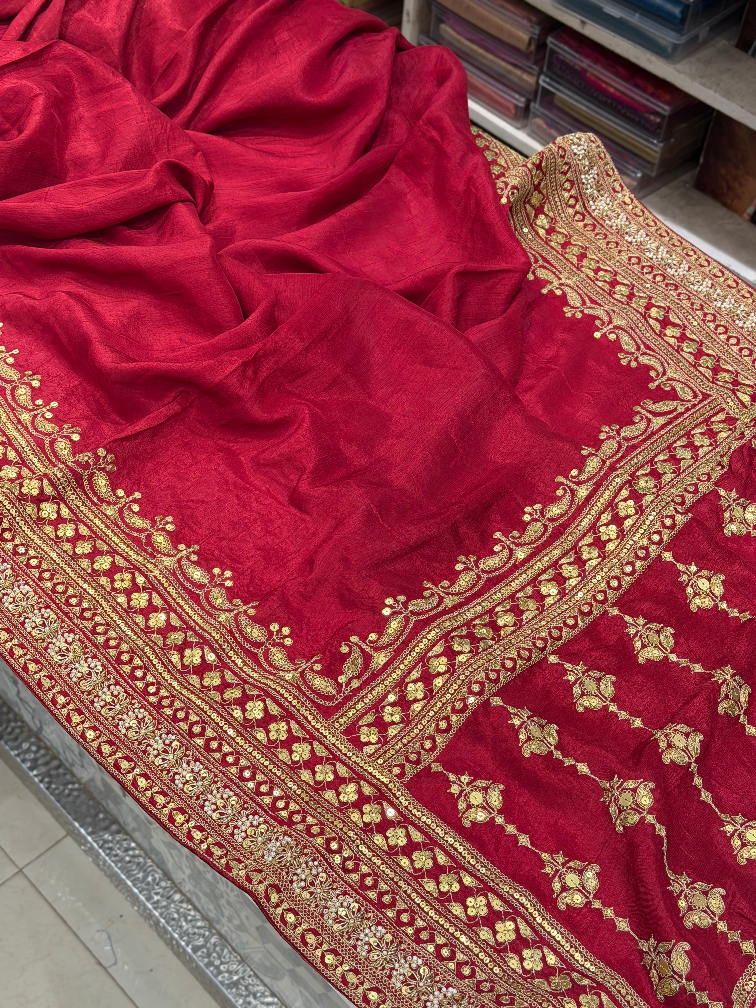 Maroon Pure Silk Sabyasachi Inspired Marodi Sequin Jaal Pallu Saree
