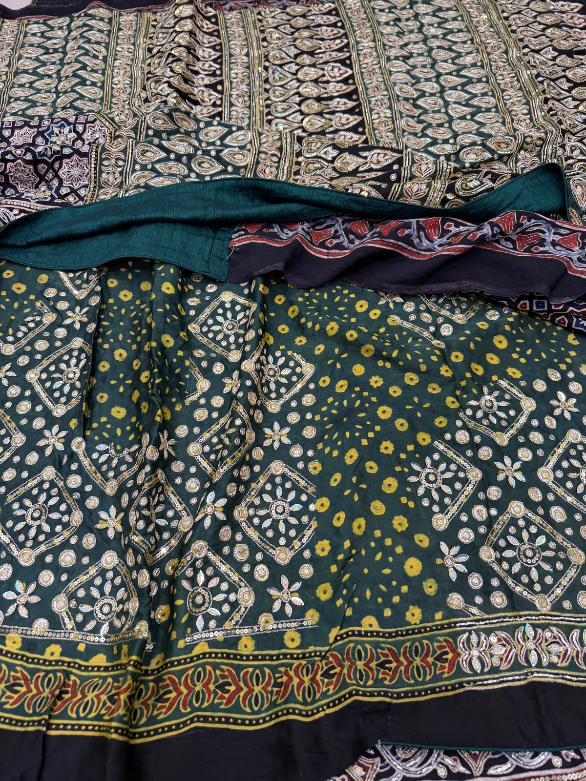 Black Green Pallu Jaal Pita Zardosi Sequin Ajrakh Hand Embroidery Saree