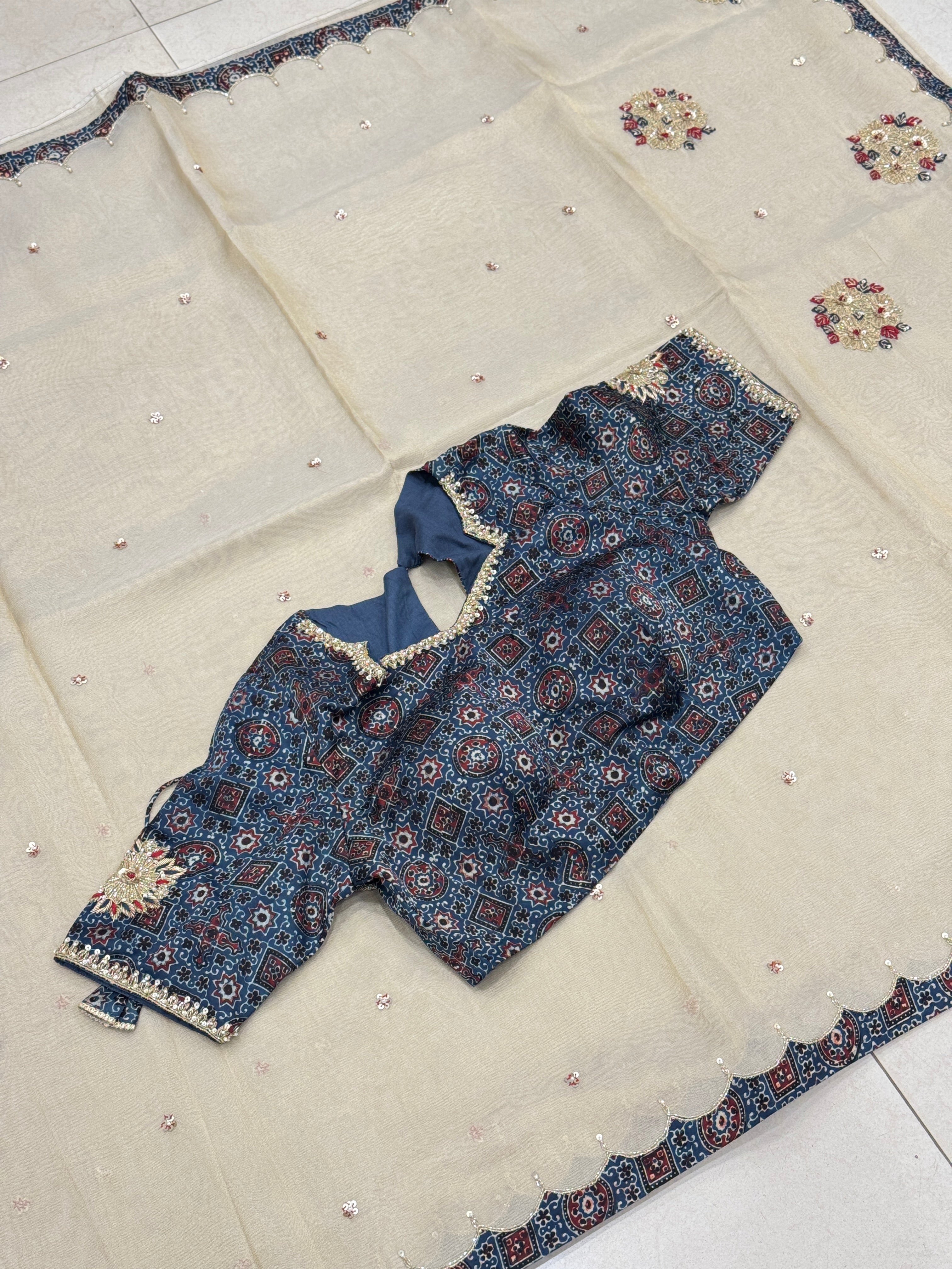 Golden Tissue With Ajrakh Ready Blouse Hand Embroidery