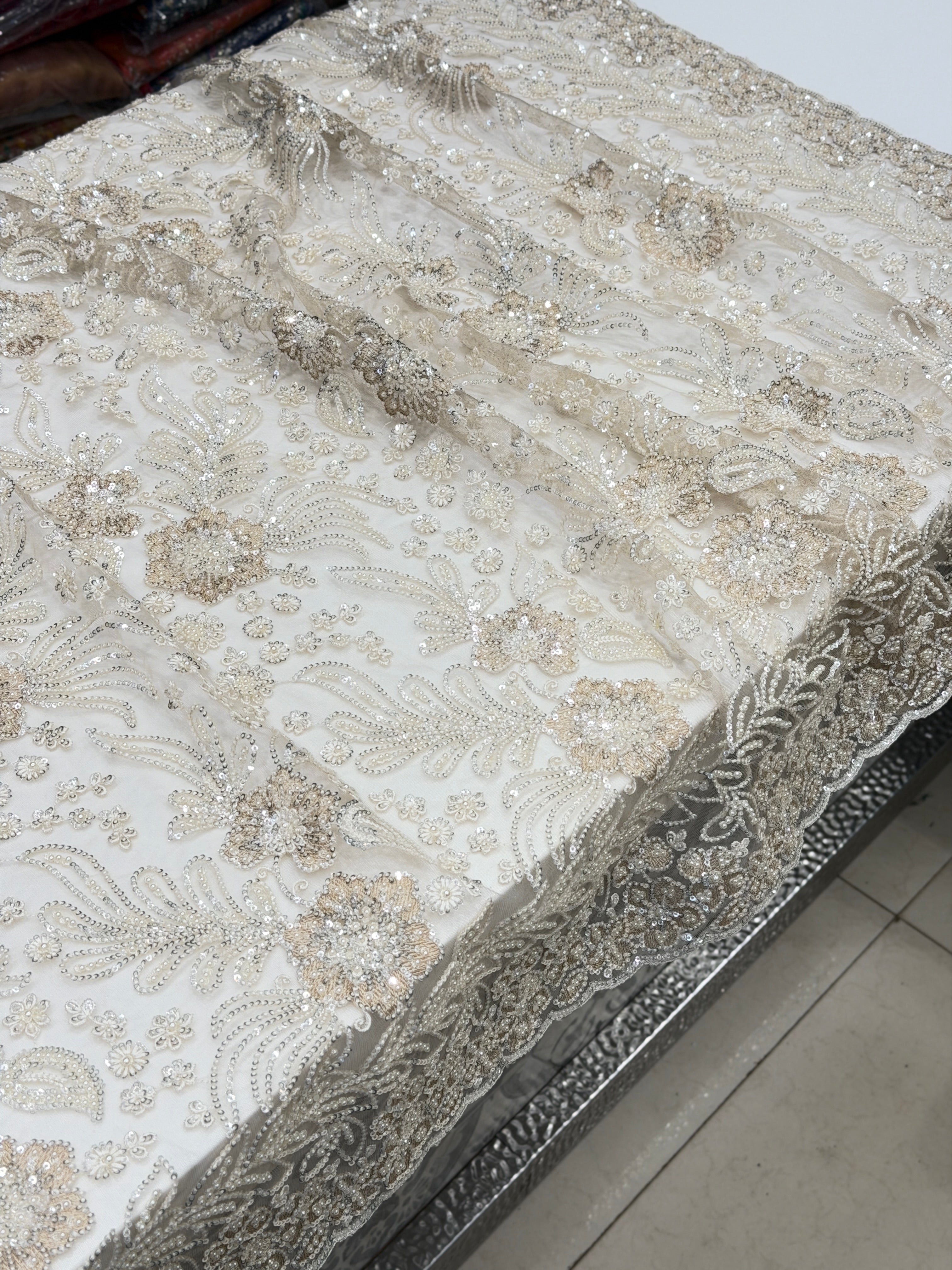 Beige Resham Moti Jaal Net Embroidery Saree Heavy Blouse