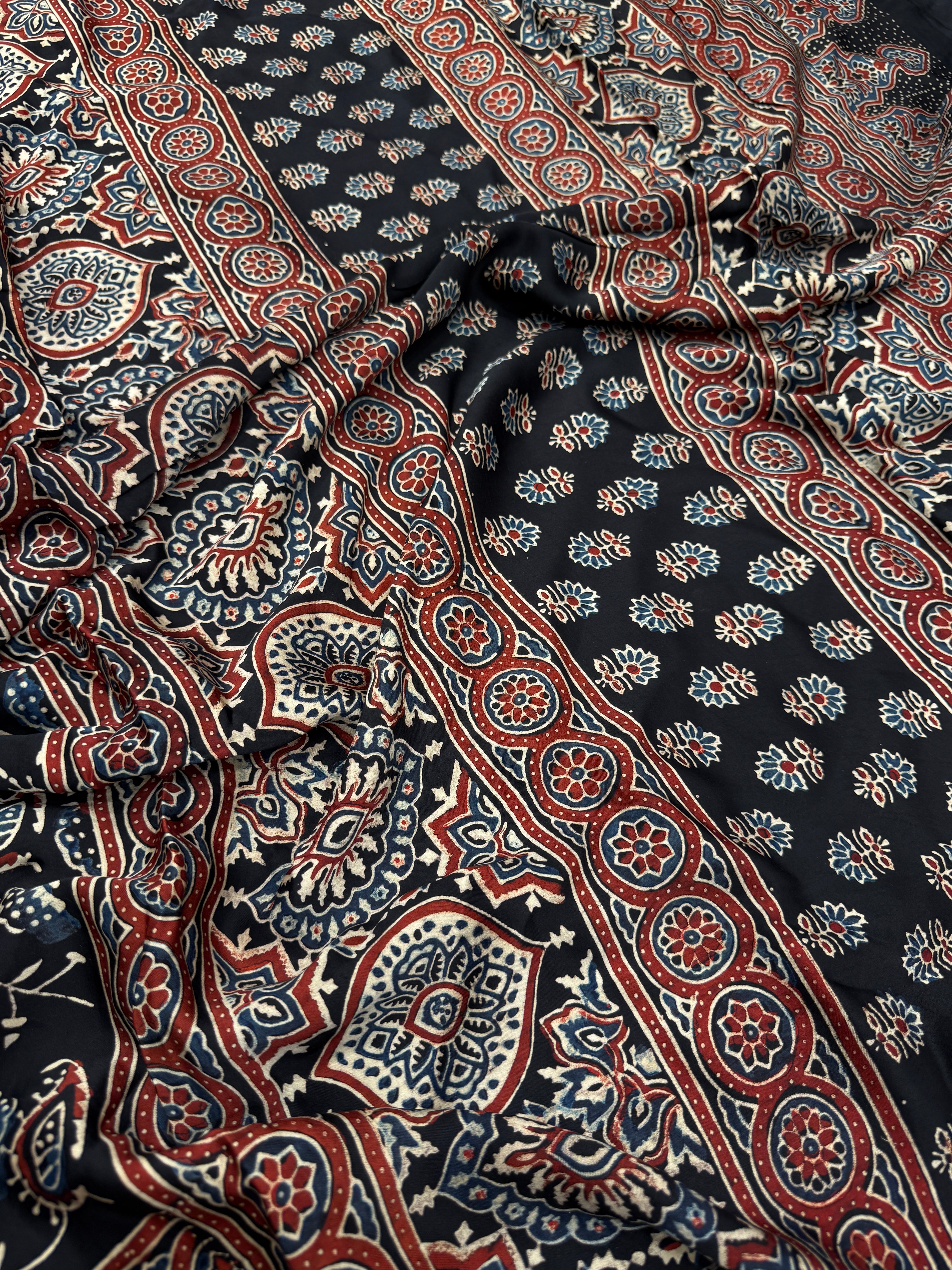 Black Keari Jaal Ajrakh Hand Block Print Pure Gajji Silk Saree