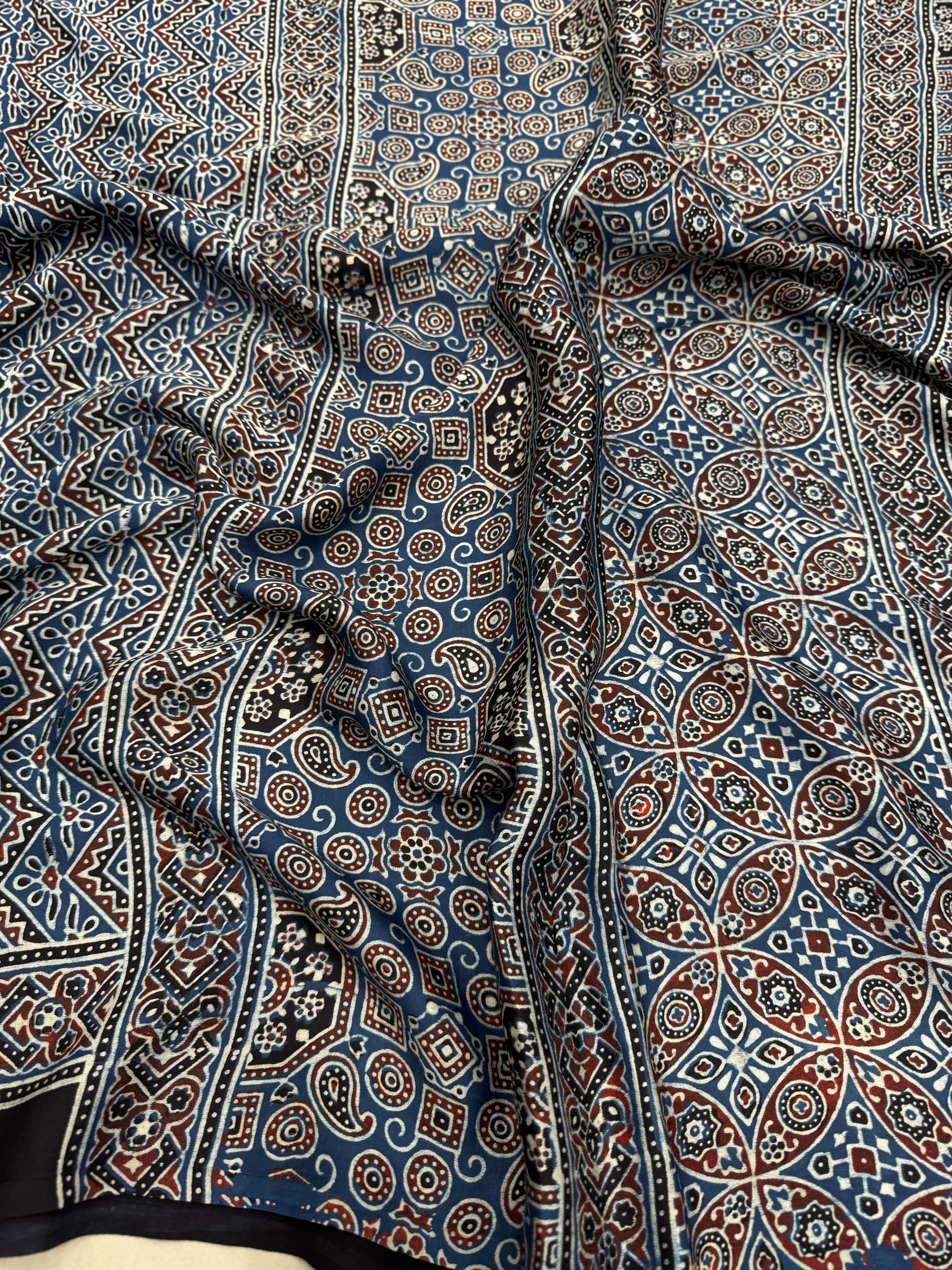 Blue Zig Zag Jaal Ajrakh Block Print Hand Pure Gajji Silk Saree