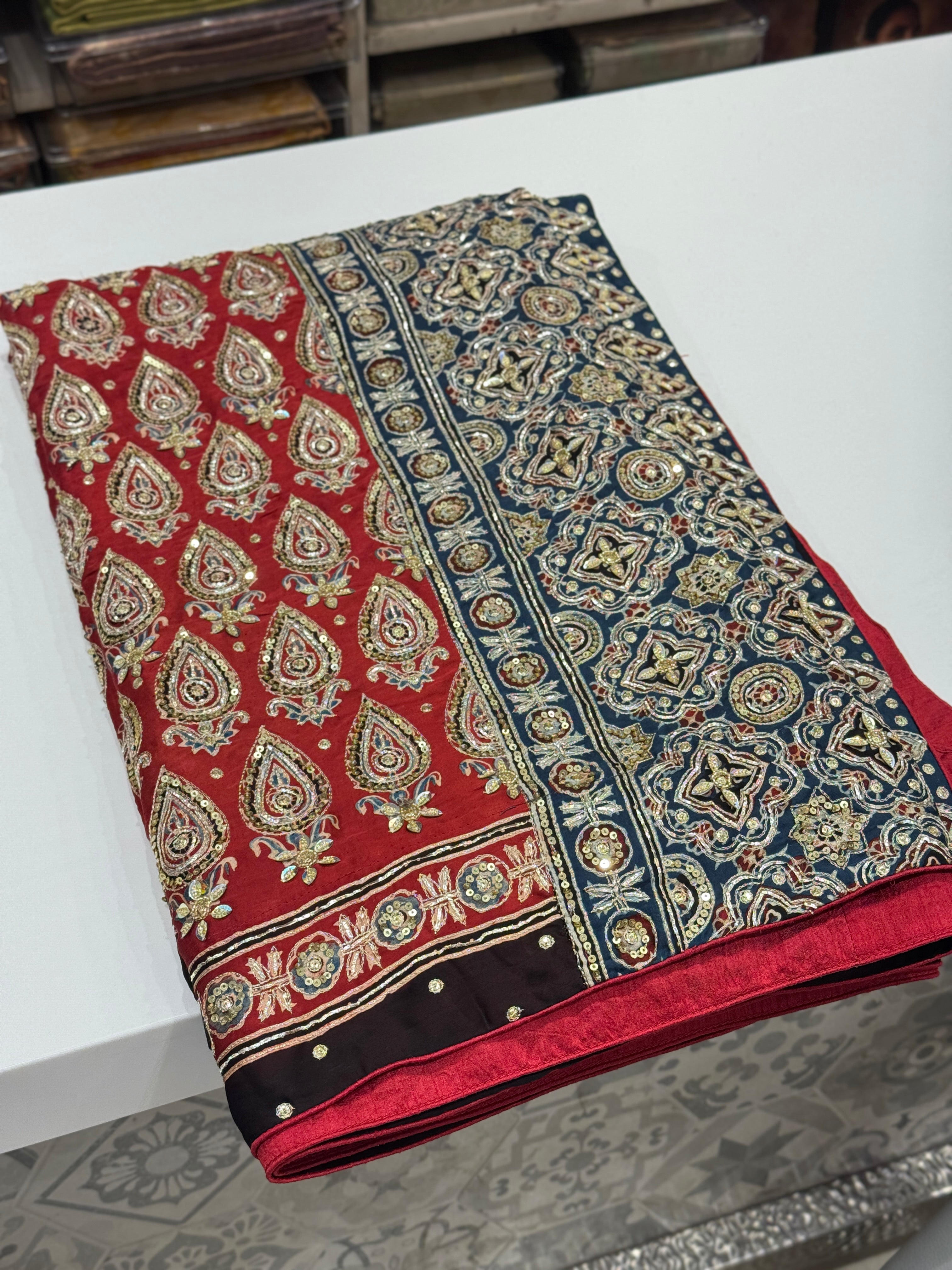 Red Blue Pallu Floral Buttas Ajrakh Hand Embroidery Saree