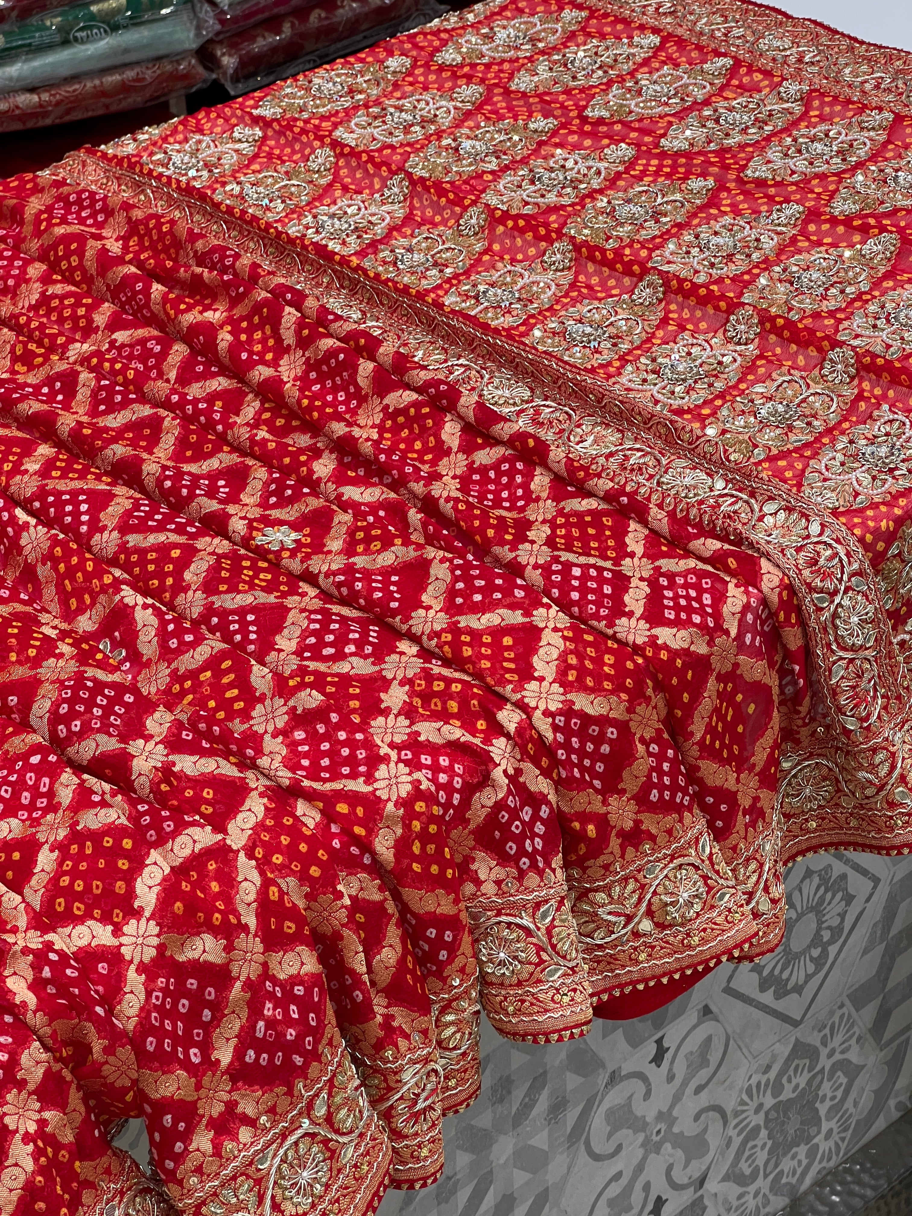 Red Bandhej Resham Zardozi Hand Embroidery Saree