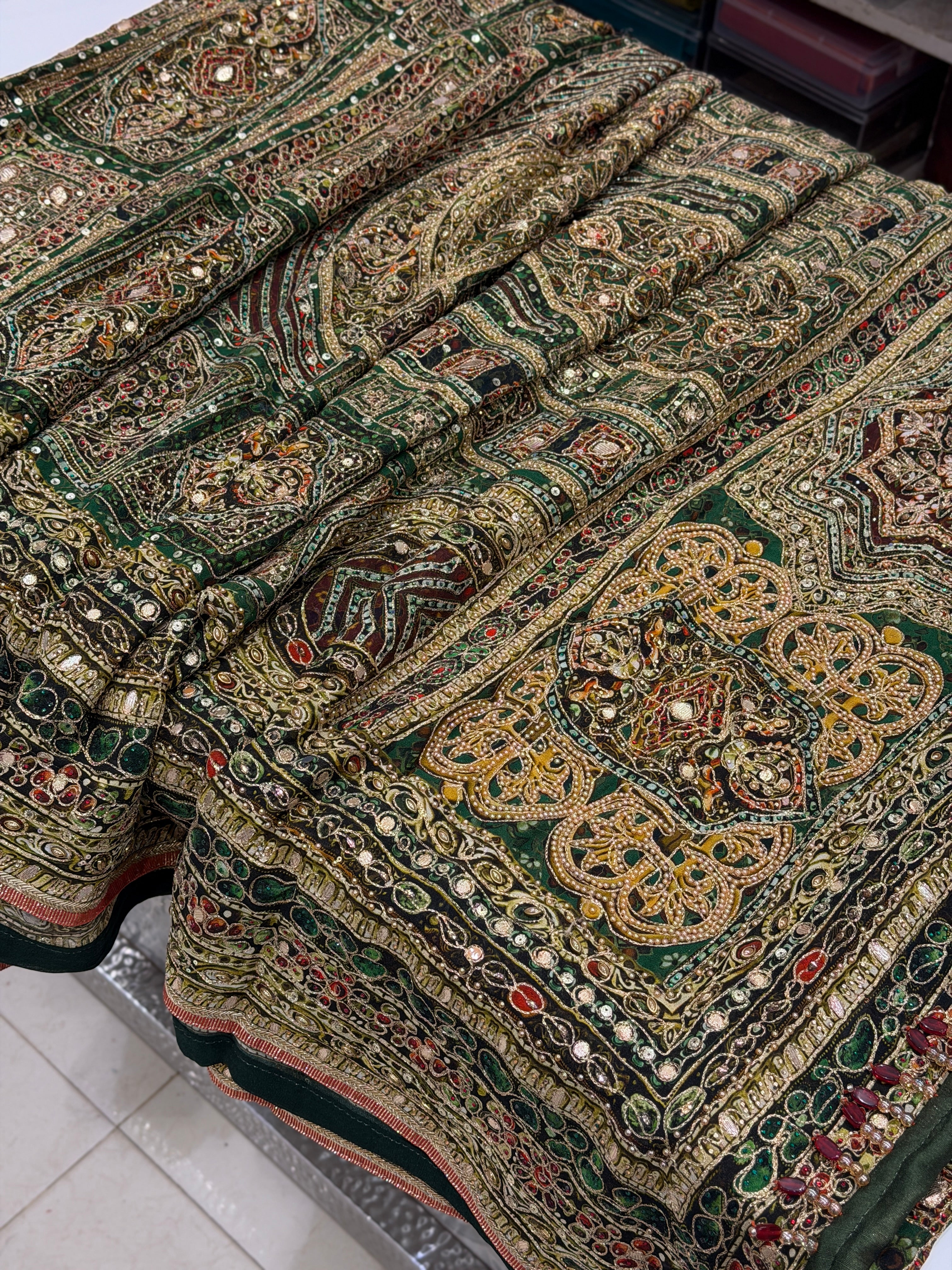 Green TT inspired Banarasi Crepe Hand Embroidery Saree