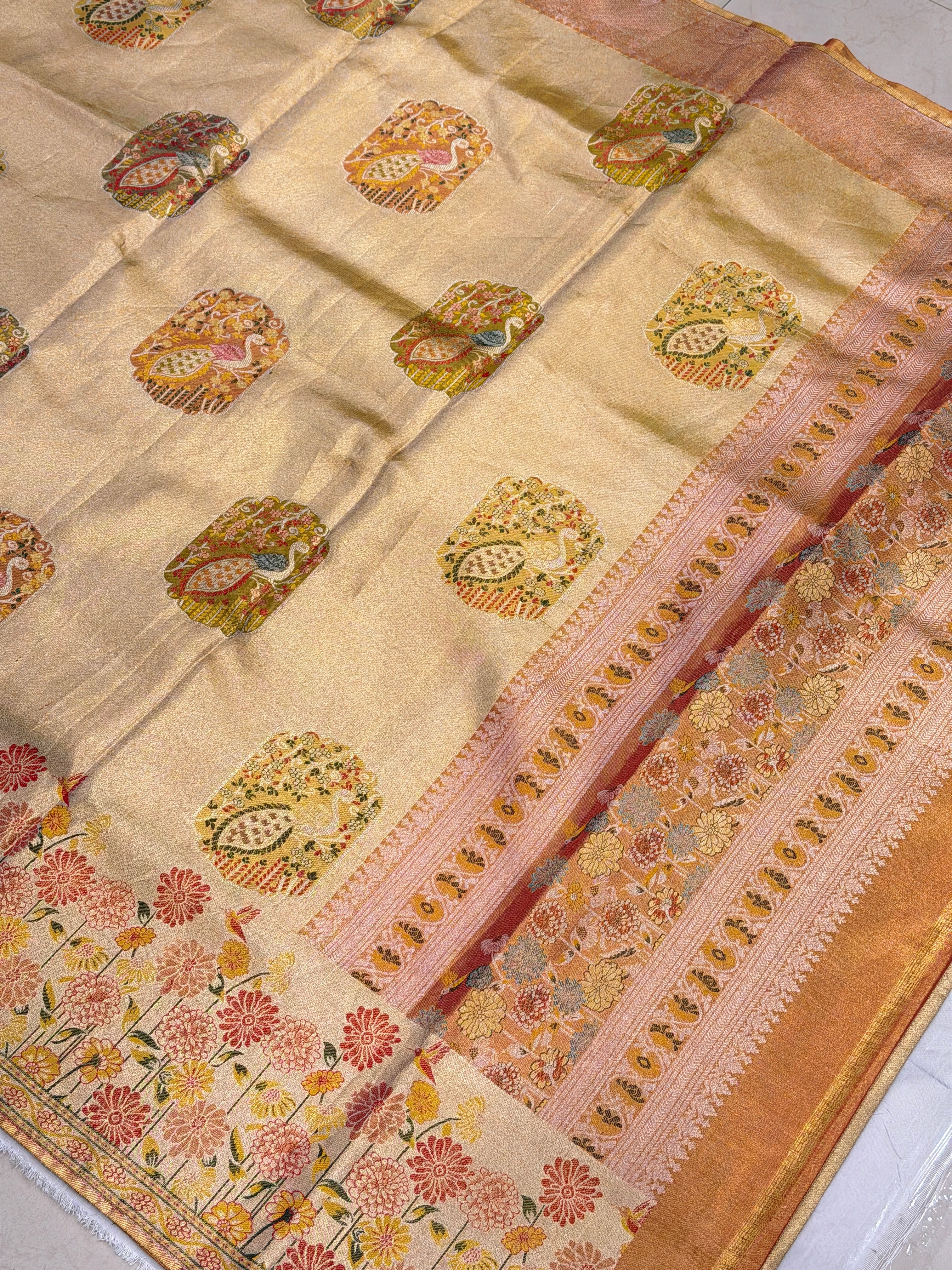 Rust Meenakari Peacock Motif Handloom Kanjivaram Tissue Silk Saree