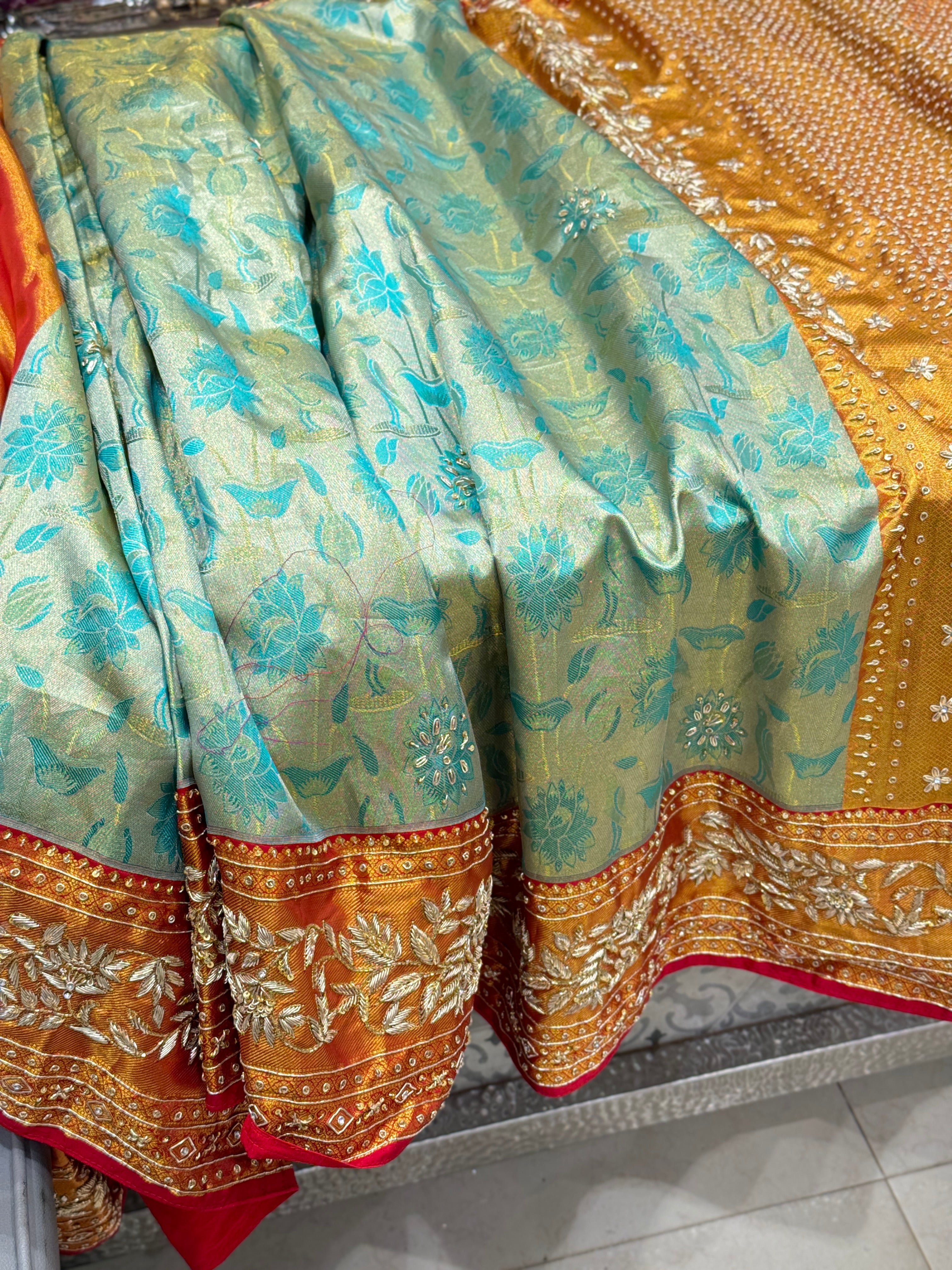Sea Green Kanjivaram Hand Embroidery Zardosi Saree