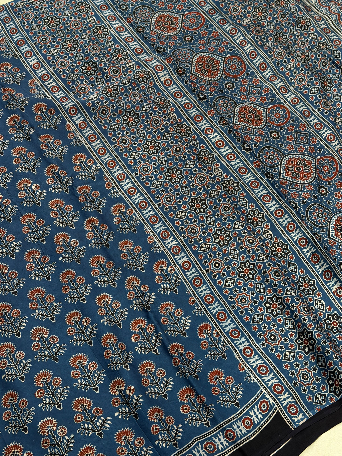 Blue Floral Butta Ajrakh Hand Block Print Pure Gajji Silk Saree