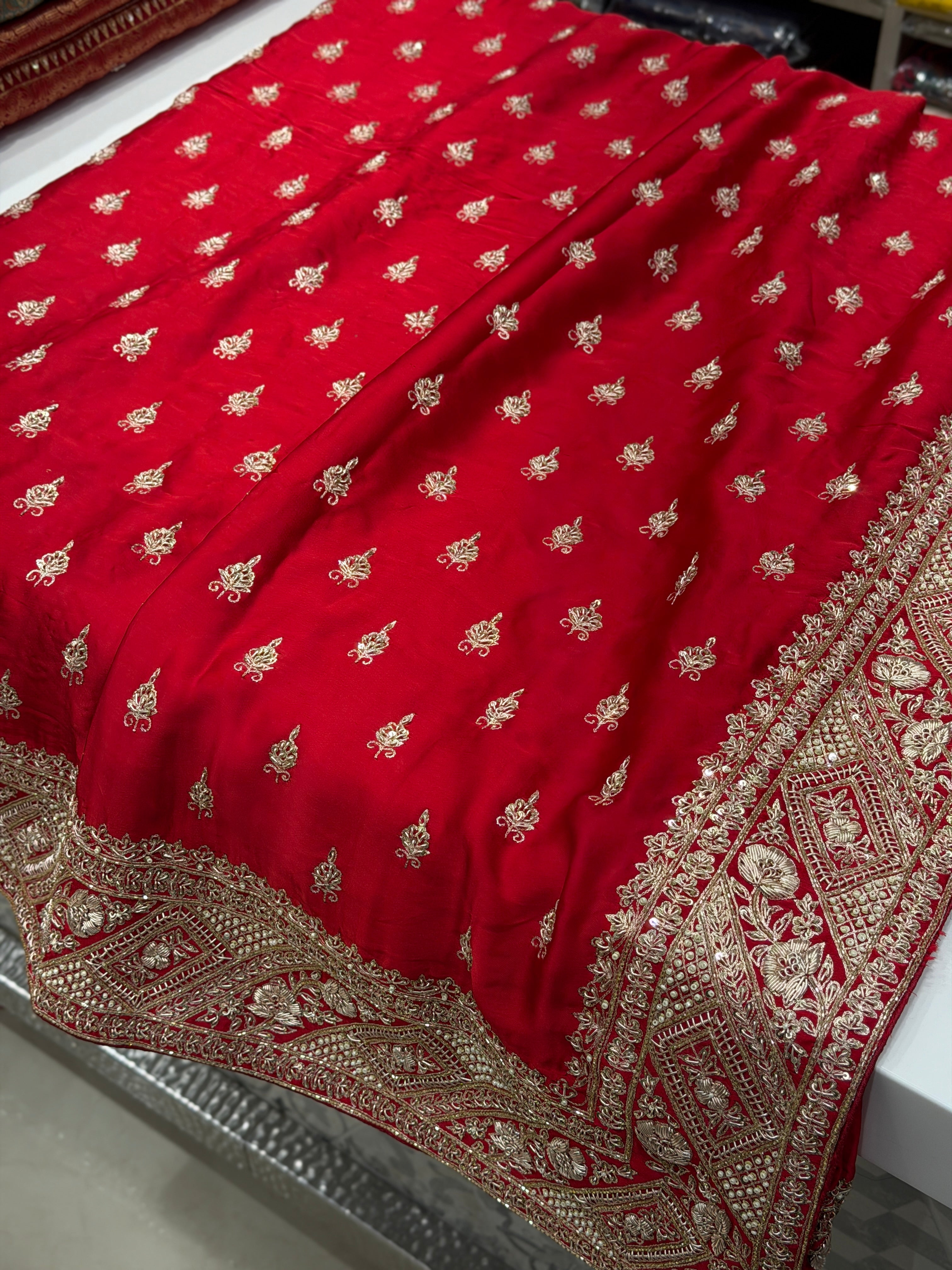 Red Hand Embroidery Buttis Pure Satin Zardosi Embroidery