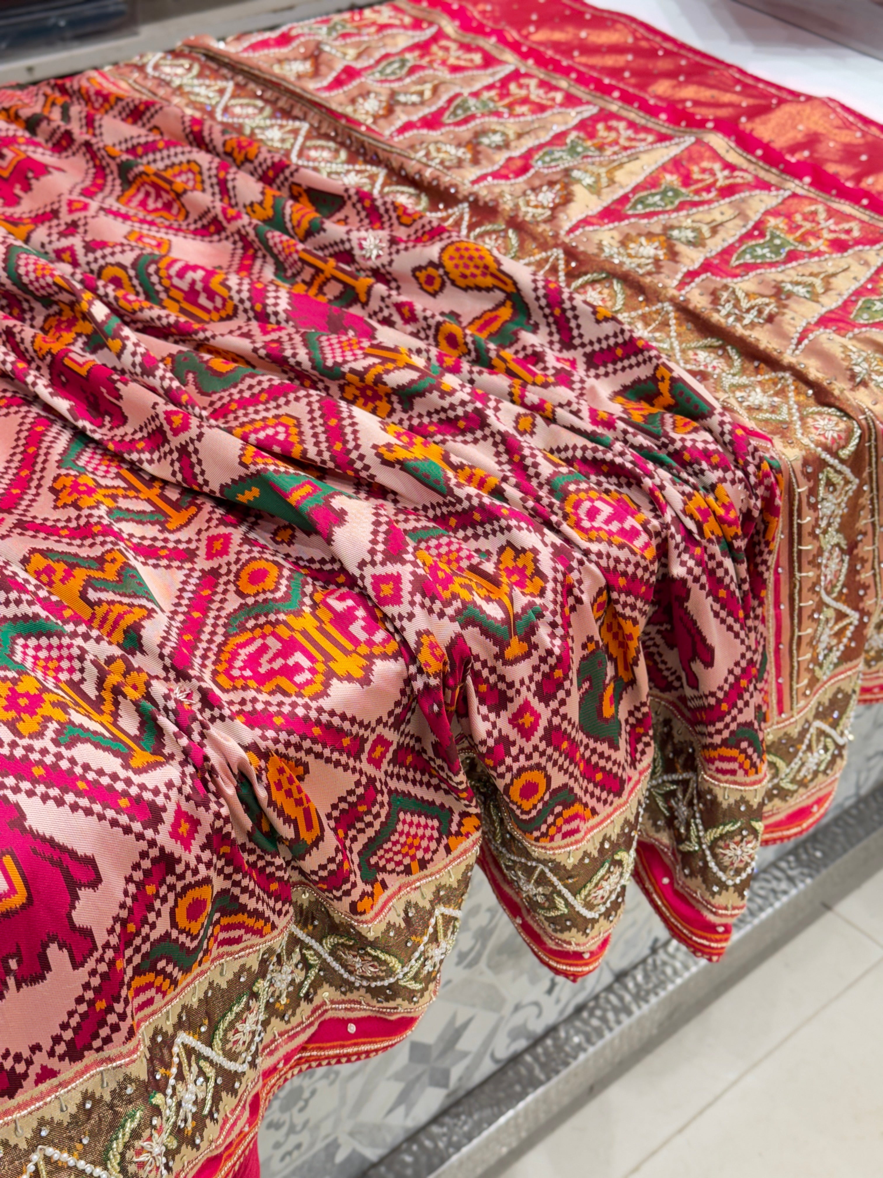 Rani Patola Rajkoti Style Weaved Hand Embroidery Saree