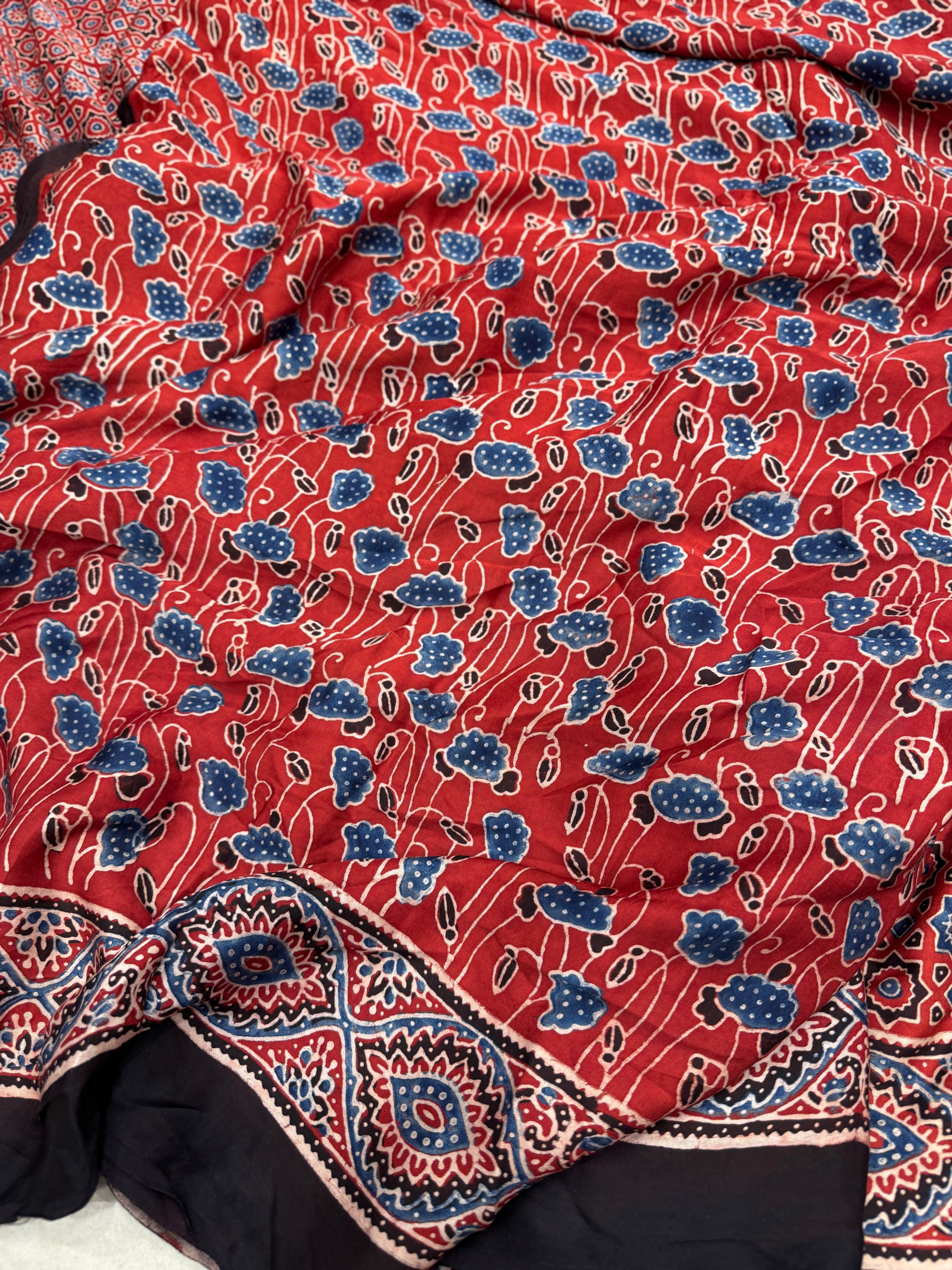 Red Star Butti Ajrakh Block Print Hand Pure Gajji Silk Saree
