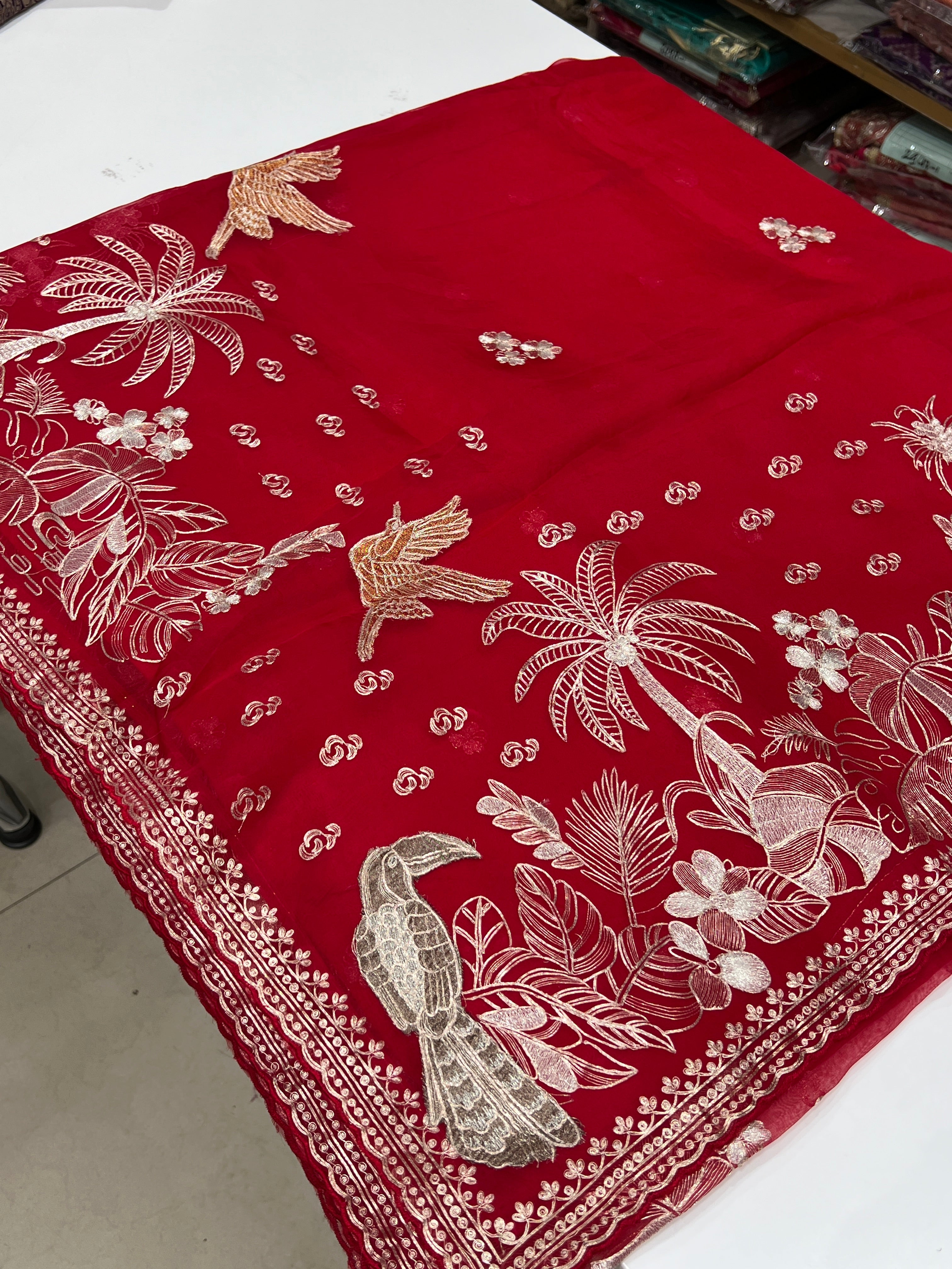 Red Pitta Hand Embroidery Organza Saree
