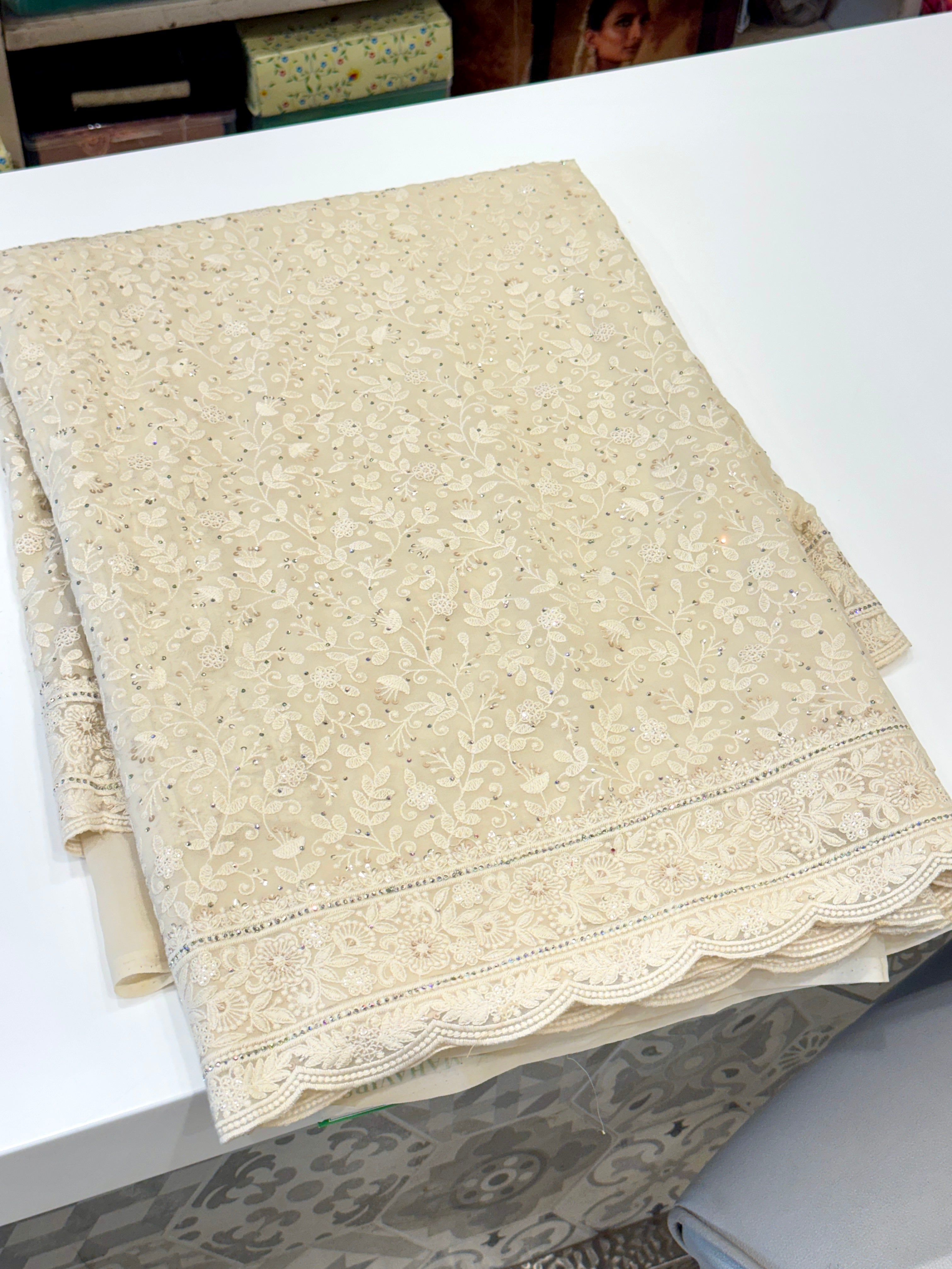 Moti White Chikankari Scallop Design Saree